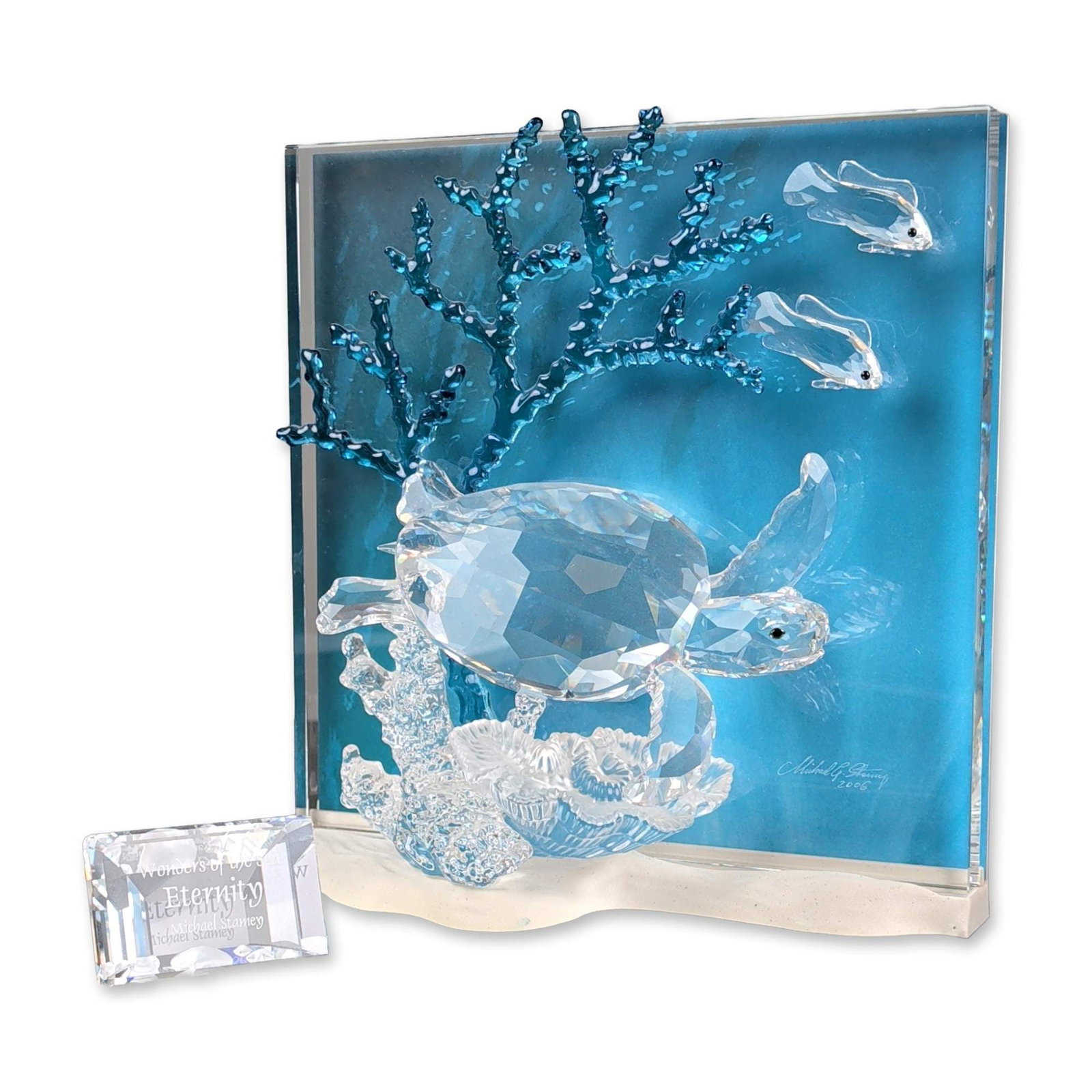 Swarovski Crystal 2006 SCS Annual Edition Sculpture, Eternity with Title Plaque: Swarovski Swarovski Crystal Society (SCS) annual edition Eternity from the Wonders of the Sea series, 2006. Lead crystal sculptural group featuring a faceted sea turtle, two fish, and a branch of blue