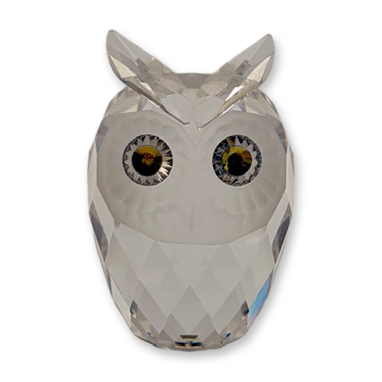 Swarovski Crystal Figurine, Large Owl 010022: Designed by Max Schrek, this retired Swarovski crystal large owl is part of the Woodland Friends collection. The owl features a clear crystal body with a frosted face and beak, accented by striking ye