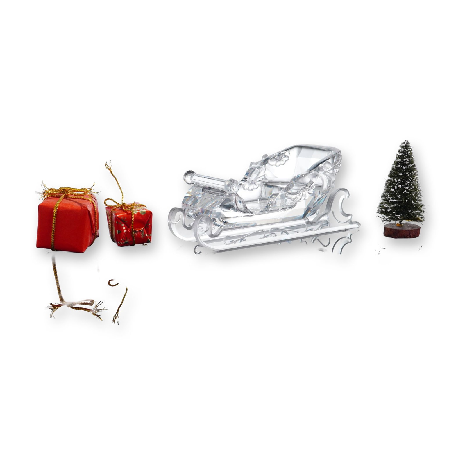 Swarovski Martin Zendron Signed Silver Crystal Sleigh with Accessories: Swarovski Austrian holiday sleigh figurine designed by Martin Zendron. Features a faceted clear lead crystal carriage body resting on satin-finished frosted crystal runners with scrollwork details. Ac