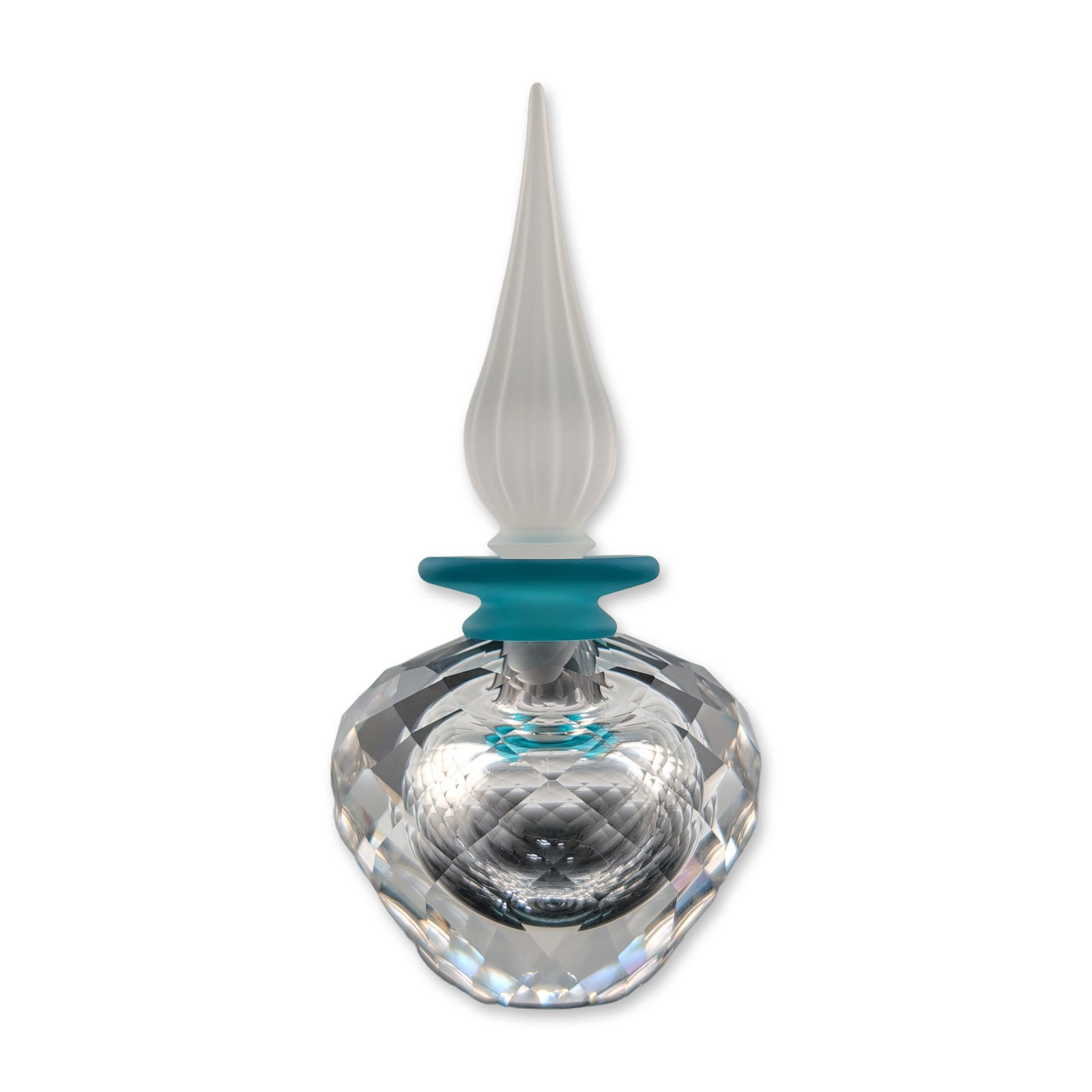 Swarovski Silver Crystal Oriental Flacon with Stopper: Swarovski Oriental Flacon bottle from the Silver Crystal collection. The piece features a spherical body of clear lead crystal with diamond-cut facets throughout, a frosted teal glass neck, and a matc