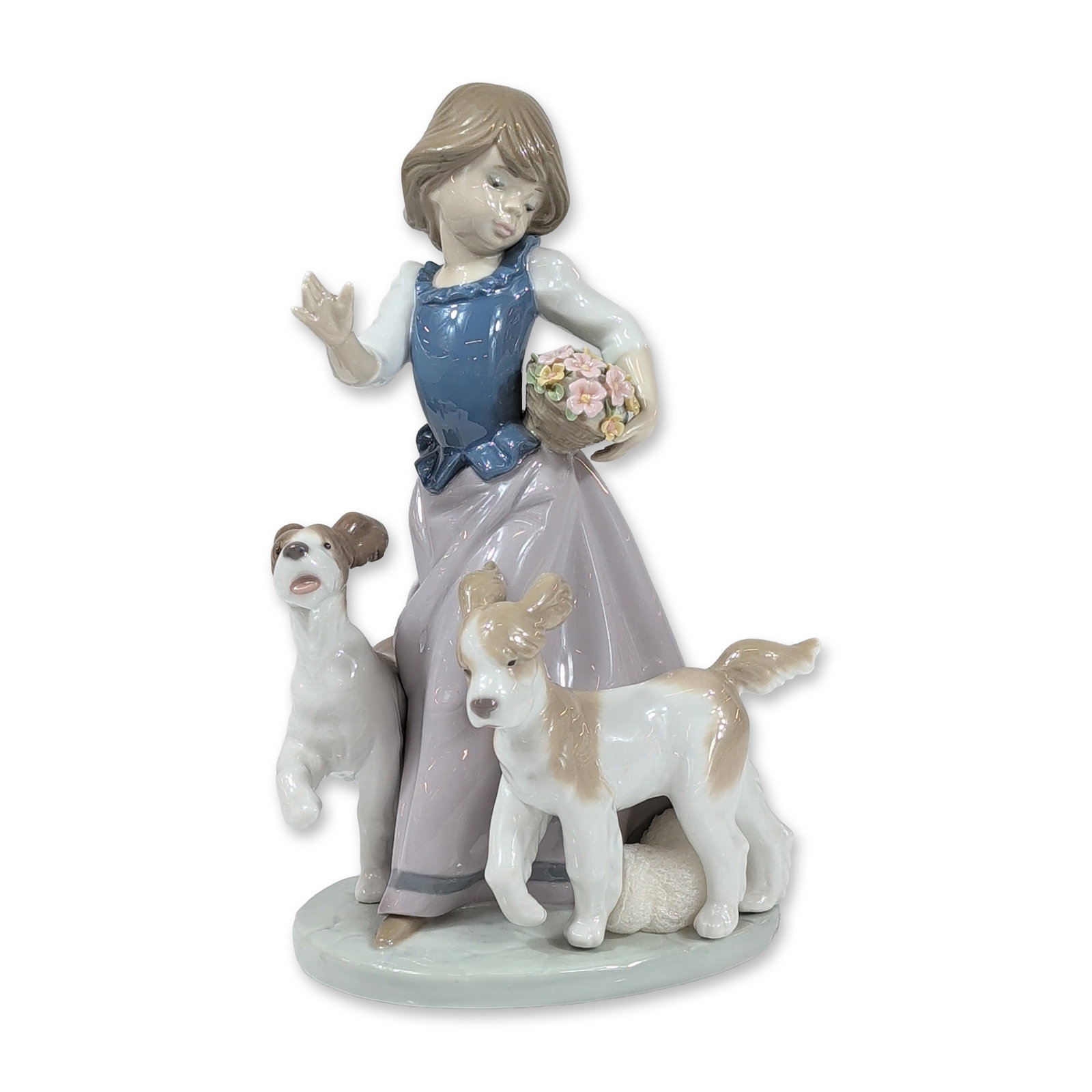 Lladro Out For A Romp Porcelain Figurine 5761: Lladro porcelain figurine titled Out for a Romp, model number 5761, sculpted by Francisco Catala. The glazed piece depicts a young girl wearing a blue bodice and a lavender skirt with a grey hem strip