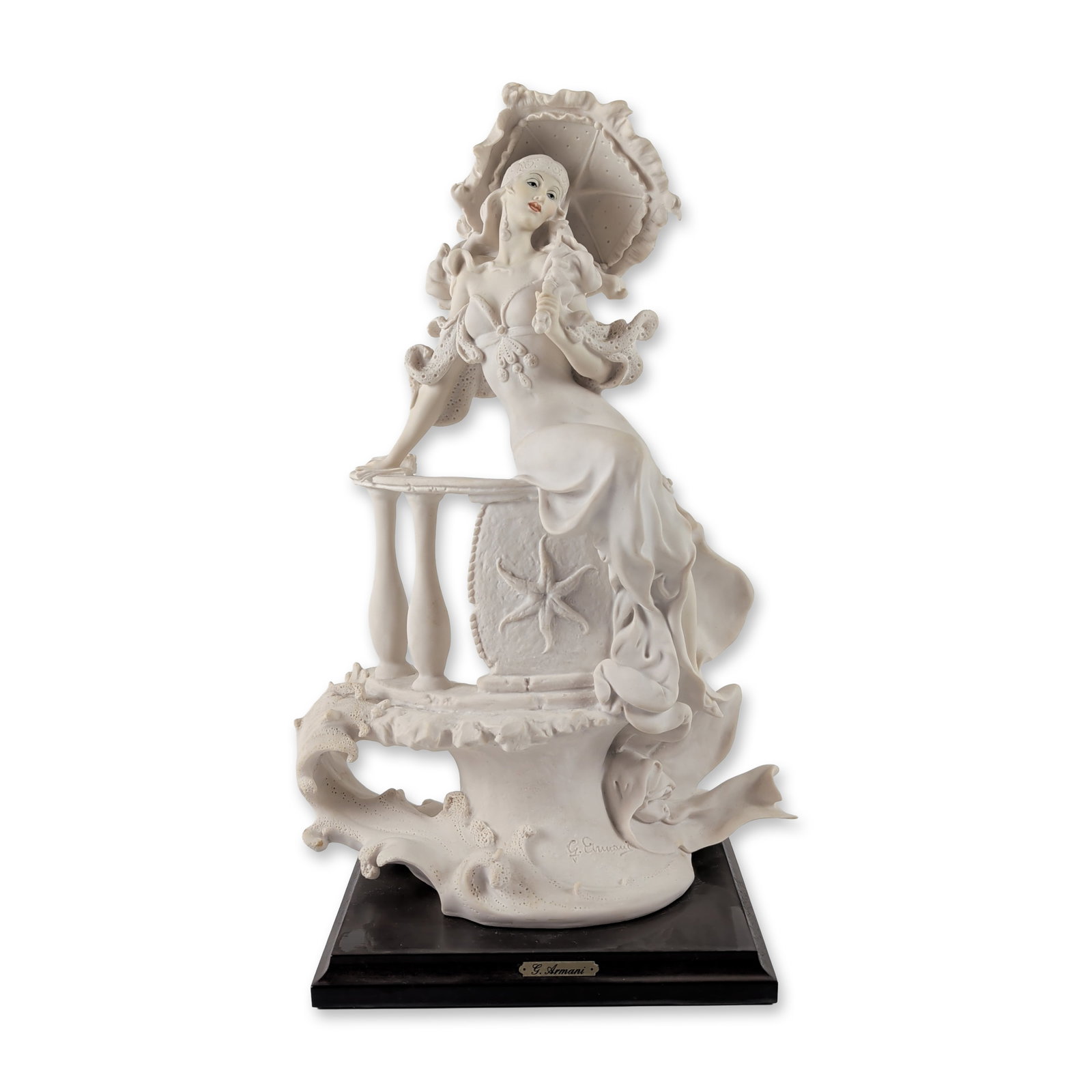 Giuseppe Armani Summer Outing Cold-cast Porcelain Sculpture: Giuseppe Armani for Florence Sculture d'Arte. Summer Outing figurine in matte white cold-cast porcelain, featuring a standing female figure in an umbrella and flowing gown. The figure is posed beside 