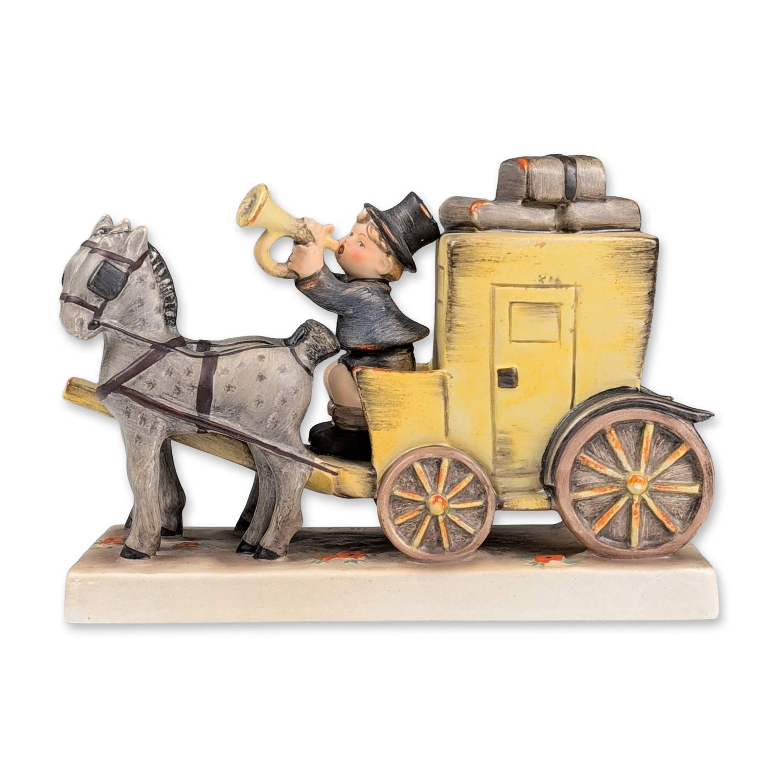 Goebel Hummel Porcelain Figurine, The Mail is Here: Goebel Hummel hand-painted ceramic figurine titled The Mail is Here, model number 226. The scene depicts a yellow post chaise with luggage strapped to the rear, pulled by two dappled gray horses. A po
