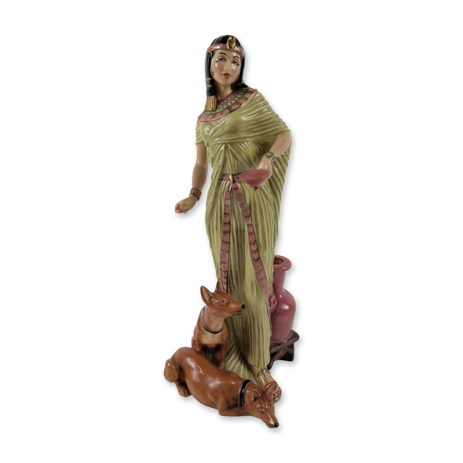 Royal Doulton Ankhesenamun Porcelain Figurine: Royal Doulton limited edition porcelain figurine, Ankhesenamun, from the Egyptian Queens series. Hand-painted glazed bone china depicting the queen in a pleated pale green gown with pink and gold bord