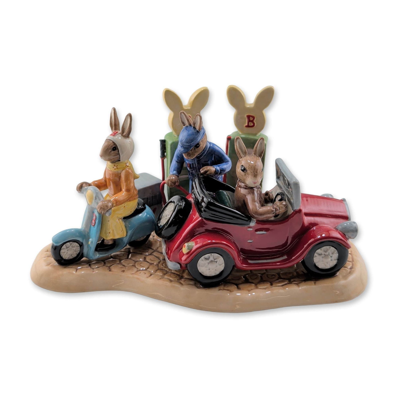 Royal Doulton LE Bunnykins All Fueled Up Ceramic Figurine DB362: Royal Doulton Bunnykins limited edition ceramic figurine titled All Fuelled Up, model DB 362, from the Bunnykins Mechanics series. The multi-figure tableau depicts anthropomorphic rabbits in a garage 