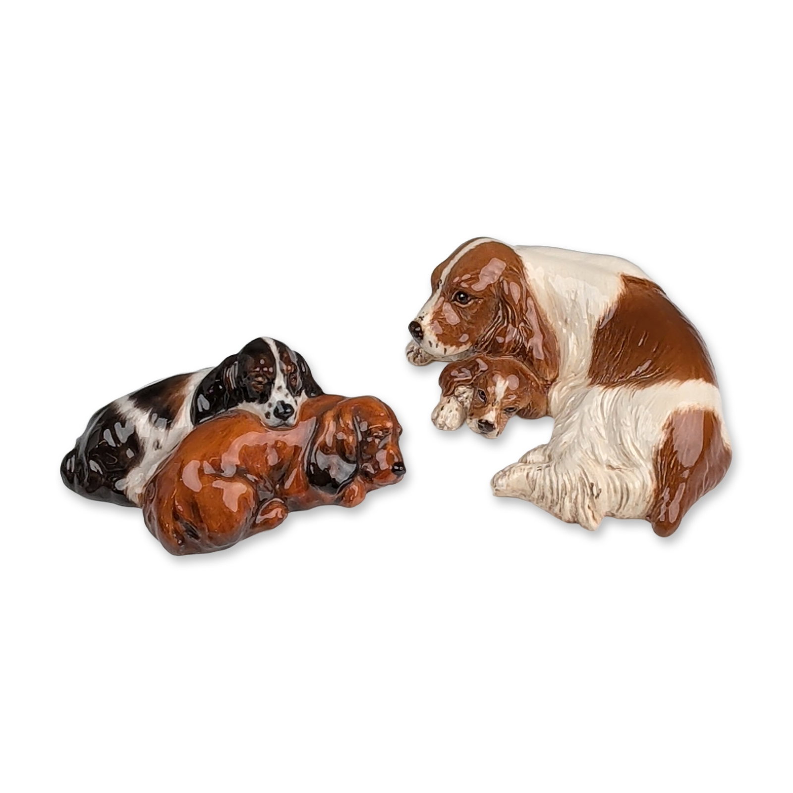 2pc Royal Doulton Porcelain Spaniel Figurines: Royal Doulton porcelain dog figurines. This pair includes two spaniel subjects with high-gloss polychrome glazed finishes. One figurine depicts a single liver and white spaniel in a sleeping, recumben