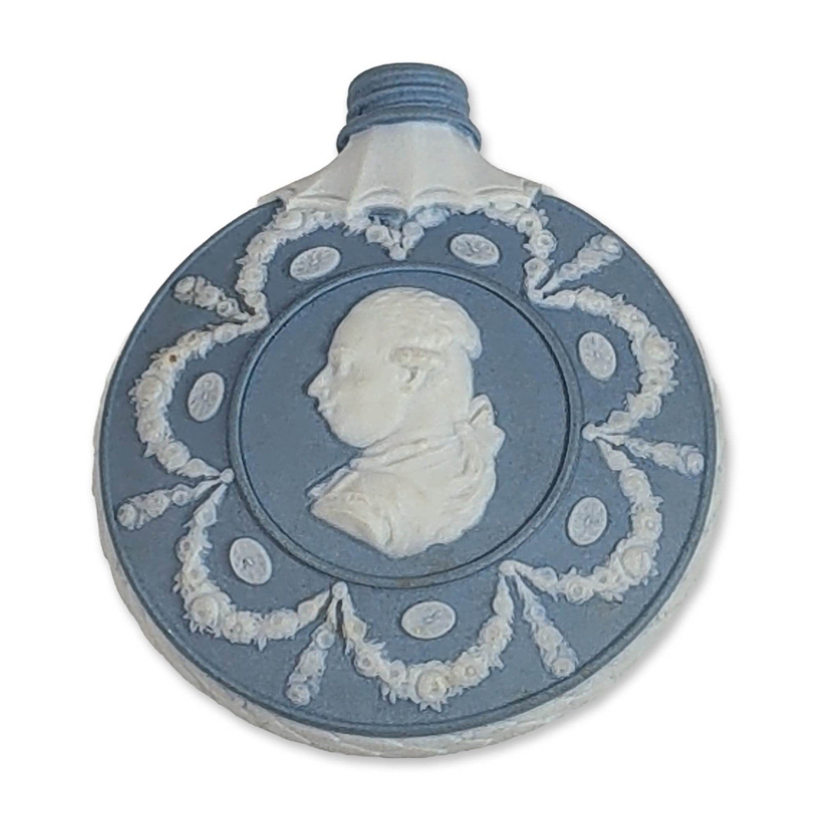Wedgwood Jasperware George III Portrait Scent Bottle: Scent bottle in light blue jasperware with white sprigged relief decoration, featuring a classical male profile portrait identified as King George III on one side and a female profile portrait on the 