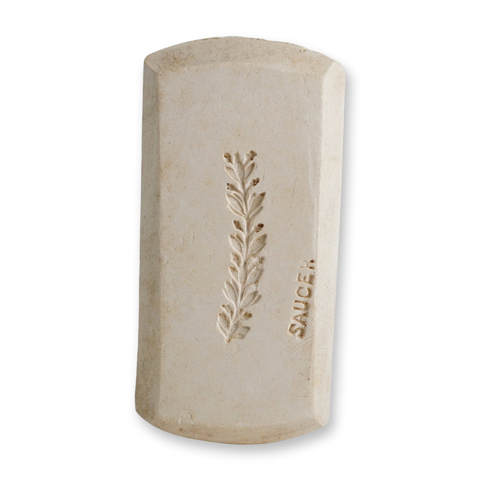 Wedgwood Ceramic Intaglio Sprig Mold Foliate Block: This ceramic production tool is an intaglio sprig mold block manufactured by Wedgwood in the United Kingdom. It is crafted from off-white bisque earthenware or a fine-grained stoneware material. The i