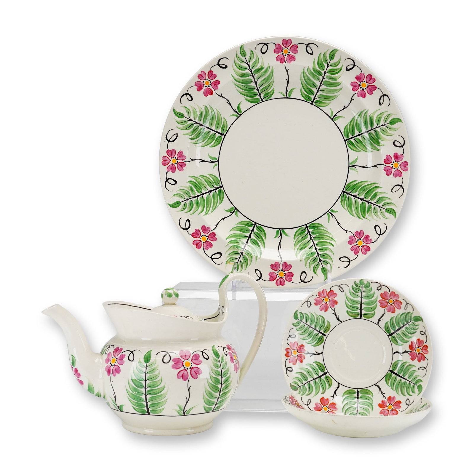 4pc Wedgwood Floral Earthenware Teapot and Plates: A set of refined Wedgwood earthenware tea service pieces. The collection includes a teapot, a large circular plate, and two deep saucers. Each piece features a hand-painted pattern of five-petaled pin
