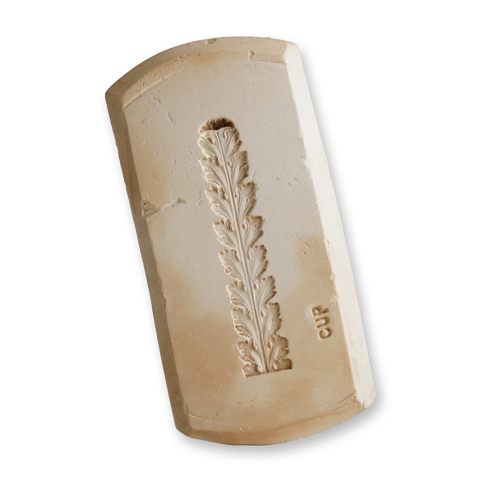 Wedgwood Ceramic Foliate Pattern Sprig Mold: This is a Wedgwood ceramic sprig mold used to create relief decoration for pottery vessels. It is made from a dense buff-colored ceramic material and formed as a rectangular block with beveled edges a