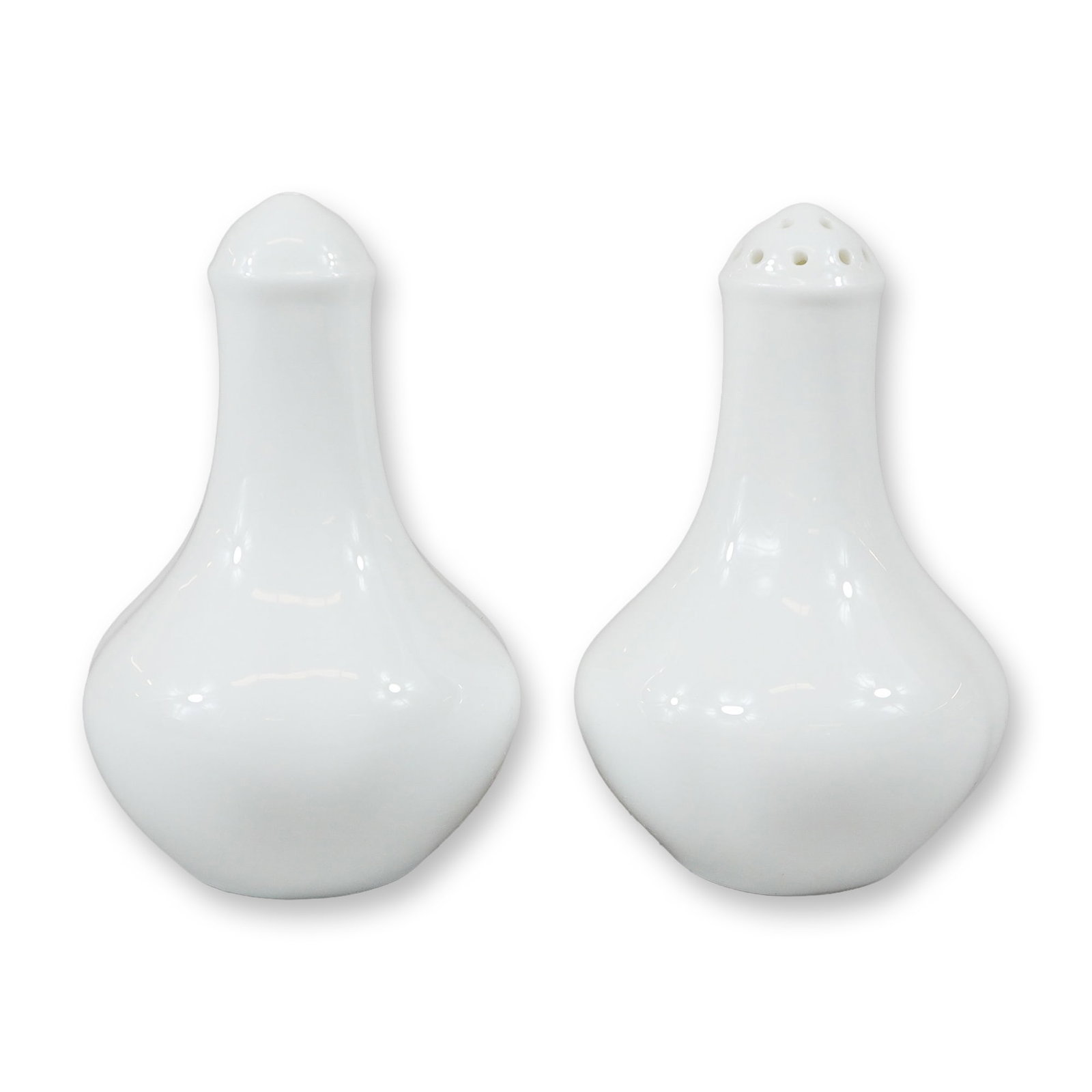 A Pair of Wedgwood Hotelware White Ceramic Salt and Pepper Shakers: A pair of minimalist white glazed ceramic salt and pepper shakers from the Wedgwood Hotelware line. The shakers feature a bulbous, pear-shaped body that tapers into a narrow neck with a domed top. One