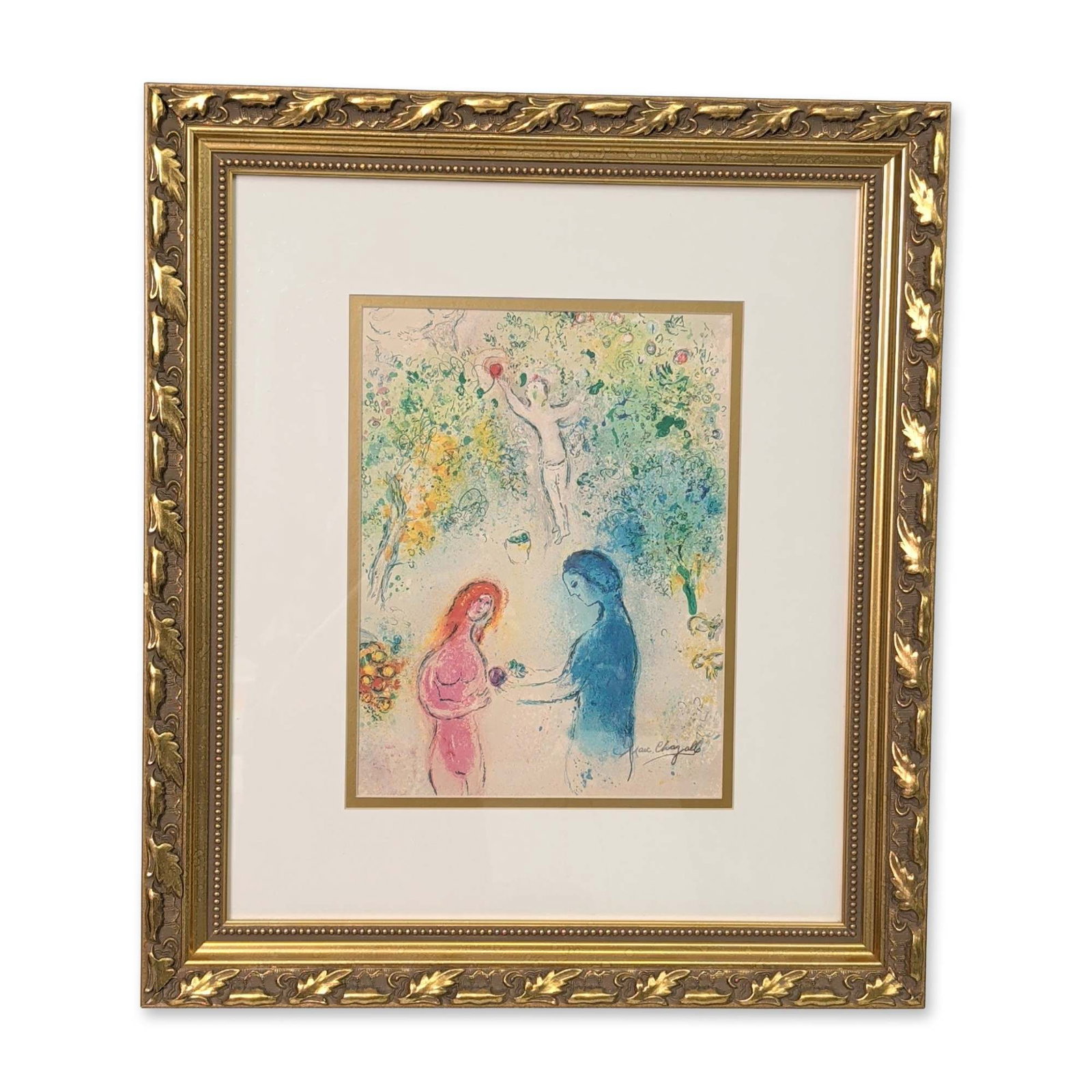 Marc Chagall (Russian-French, 1887-1985), Offset Lithograph on Paper, Daphnis and Chloe Frontispiece: Marc Chagall (Russian-French, 1887-1985) open-edition seven-color offset lithograph titled Frontispiece from the Daphnis and Chloe series. The whimsical, dreamlike composition features a floating blue
