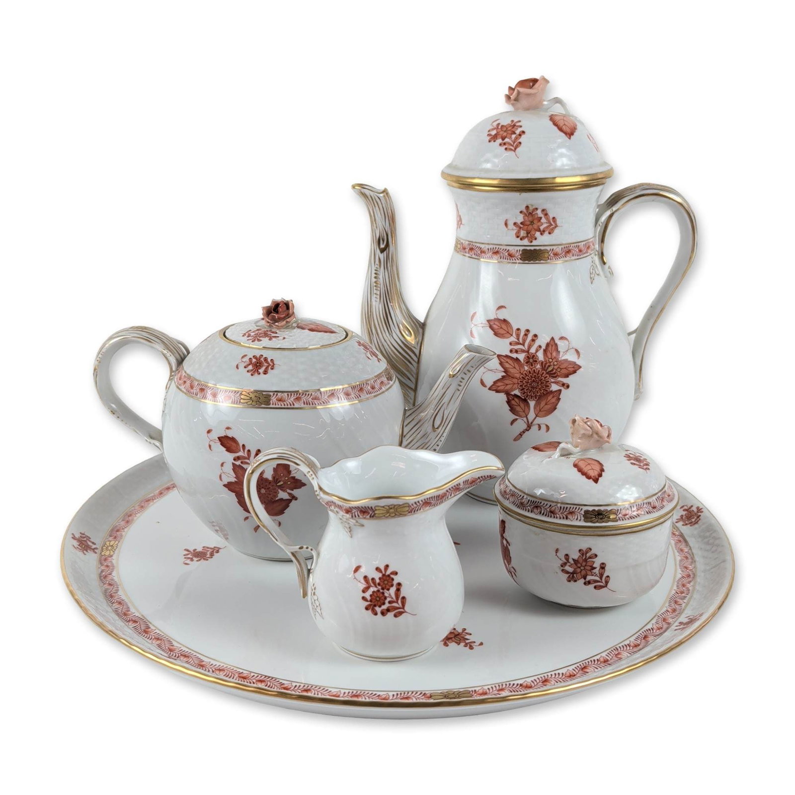 5pc Herend Apponyi Orange Porcelain Service: Herend, Hungary. Five-piece porcelain coffee and tea service in the Apponyi Orange pattern, also known as Chinese Bouquet Orange. Each piece is decorated with a central hand-painted monochrome rust-or