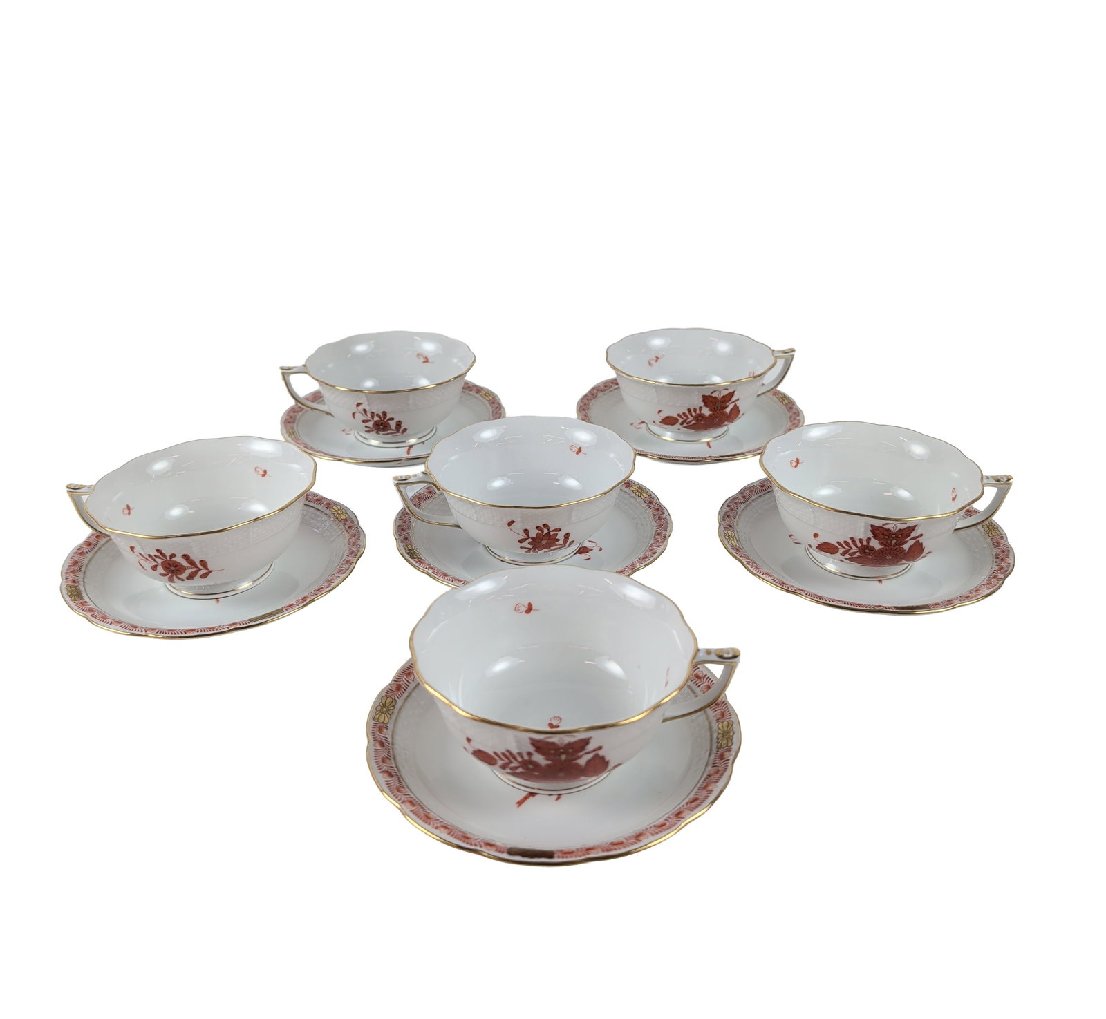 12pc Herend Chinese Bouquet Orange Porcelain Teacups and Saucers (1 of 5)