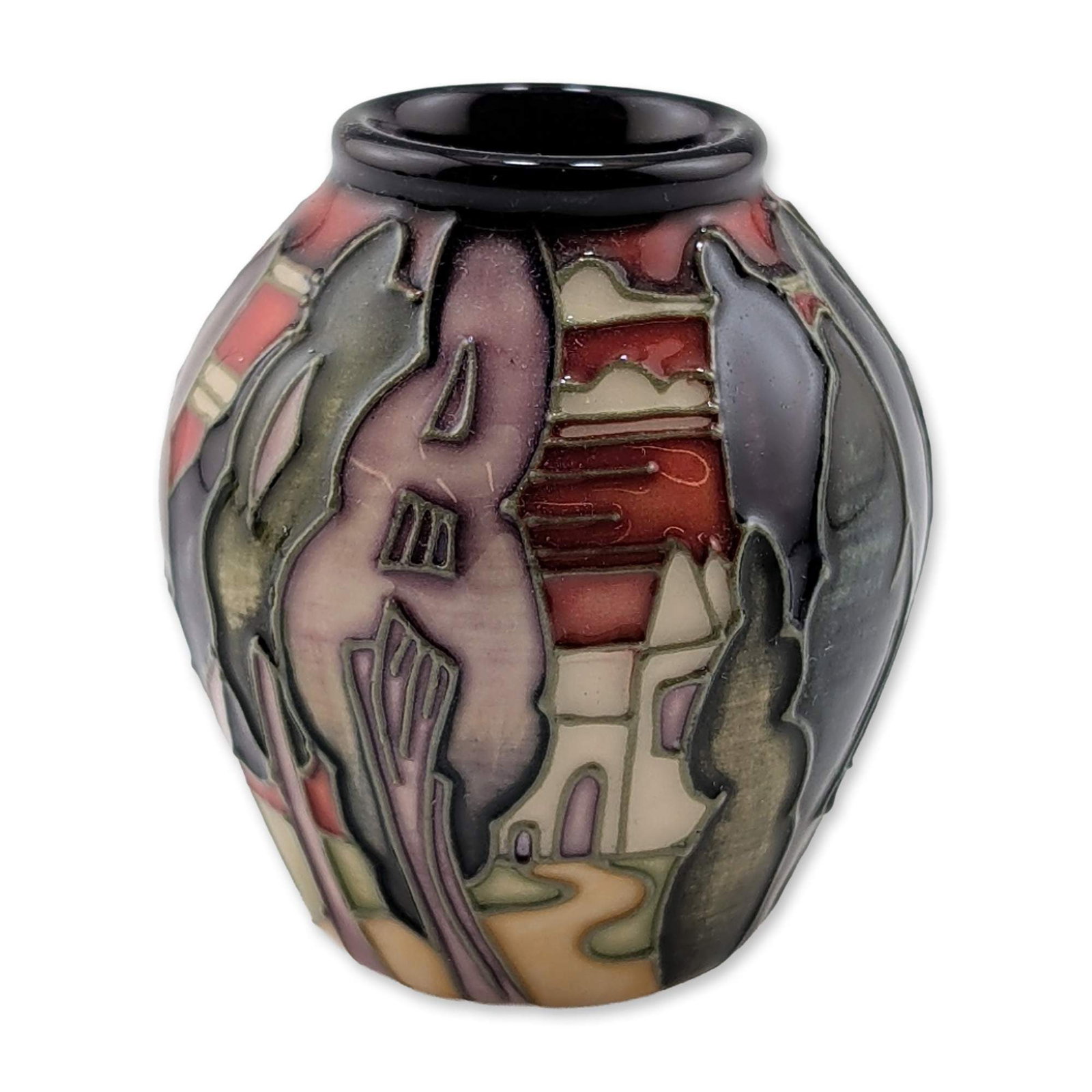 Moorcroft Pottery Miniature Landscape Vase, Lodge Hill: Miniature ovoid stoneware vase featuring hand-applied tubelined abstract landscape decoration. The exterior is finished in a multicolored high-gloss glaze palette including purple, red, green, cream, 