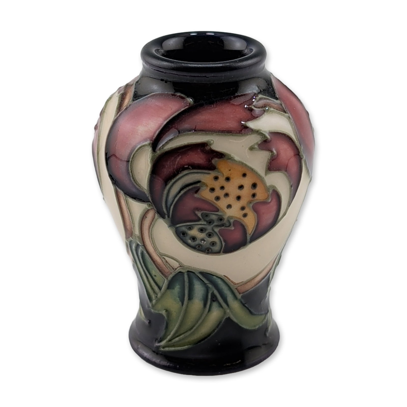 Moorcroft Pottery Miniature Vase, Ana Lily: Moorcroft miniature ovoid vase in the Ana Lily pattern made 2005. The earthenware form features tubelined and hand-painted decoration of pomegranates and foliage in shades of crimson, purple, and gree