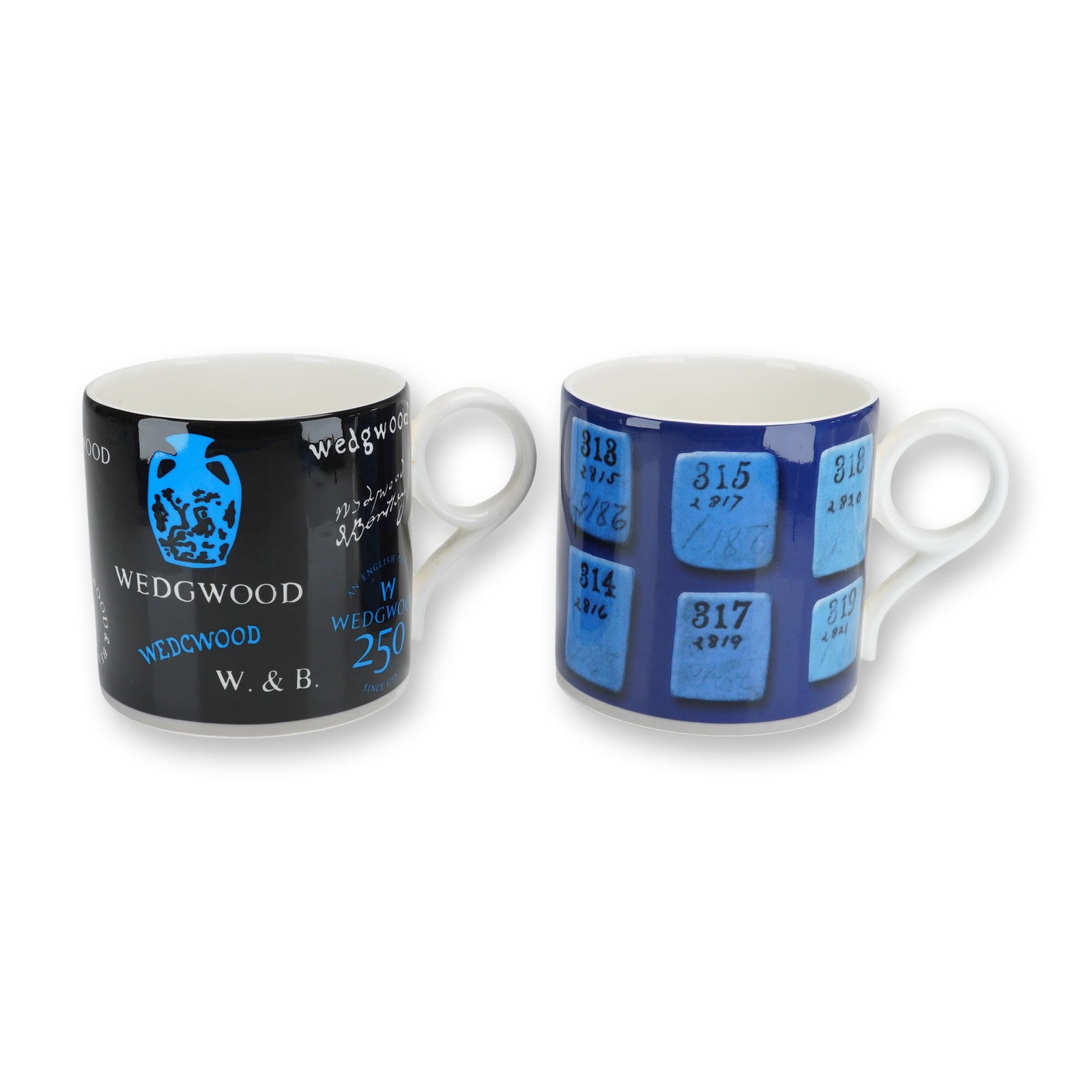 2pc Wedgwood 250th Anniversary Commemorative Bone China Mugs: This pair of Wedgwood bone china mugs commemorates the company's 250th anniversary (1759"2009). Both mugs feature a modern cylindrical form with open-loop handles and archival-inspired transfer-printe