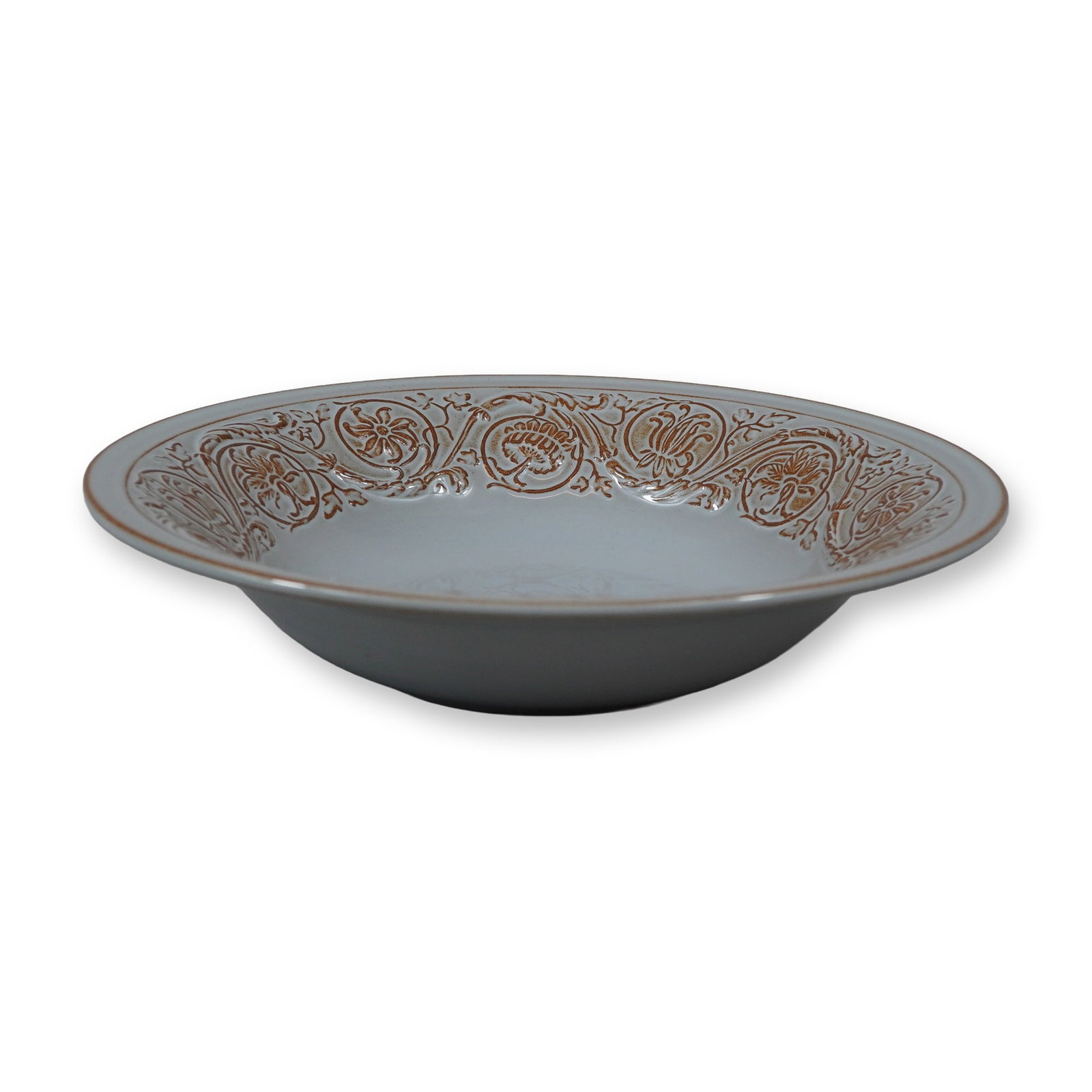 Wedgwood Glazed Soup Bowl: A Wedgwood glazed porcelain soup bowl featuring the Florentine pattern in relief. This shallow bowl is designed with a broad, flaring rim decorated with an intricate band of molded foliate scrolls and