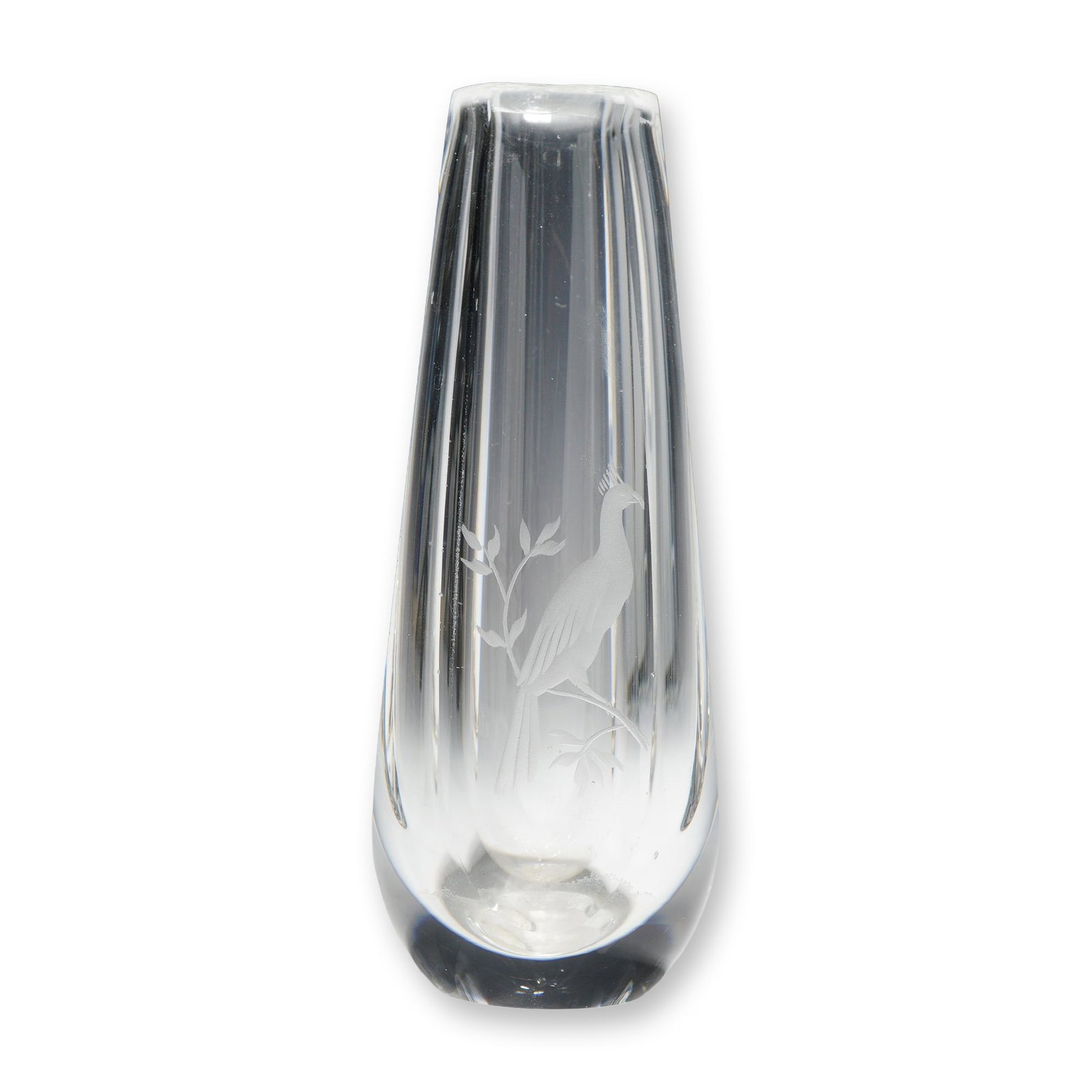 Orrefors Clear Crystal Faceted Bud Vase with Etched Bird: An Orrefors clear crystal bud vase featuring a tapered, multi-faceted body with wide vertical flutes. The front of the vessel is decorated with a finely wheel-engraved depiction of a crested bird perc