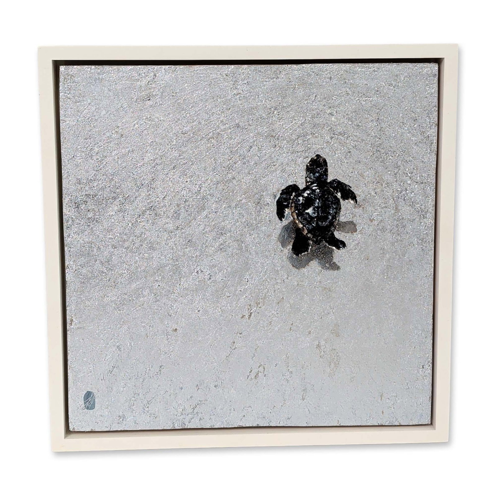 June Stratton (American, b. 1959), Oil and Silver Leaf on Wood Panel, Bon Voyage, Signed: Oil and silver leaf on wood panel by June Stratton (American, b. 1959) titled Bon Voyage, 2018. The work depicts a single sea turtle hatchling on a textured, reflective silver ground. Hand-signed, tit