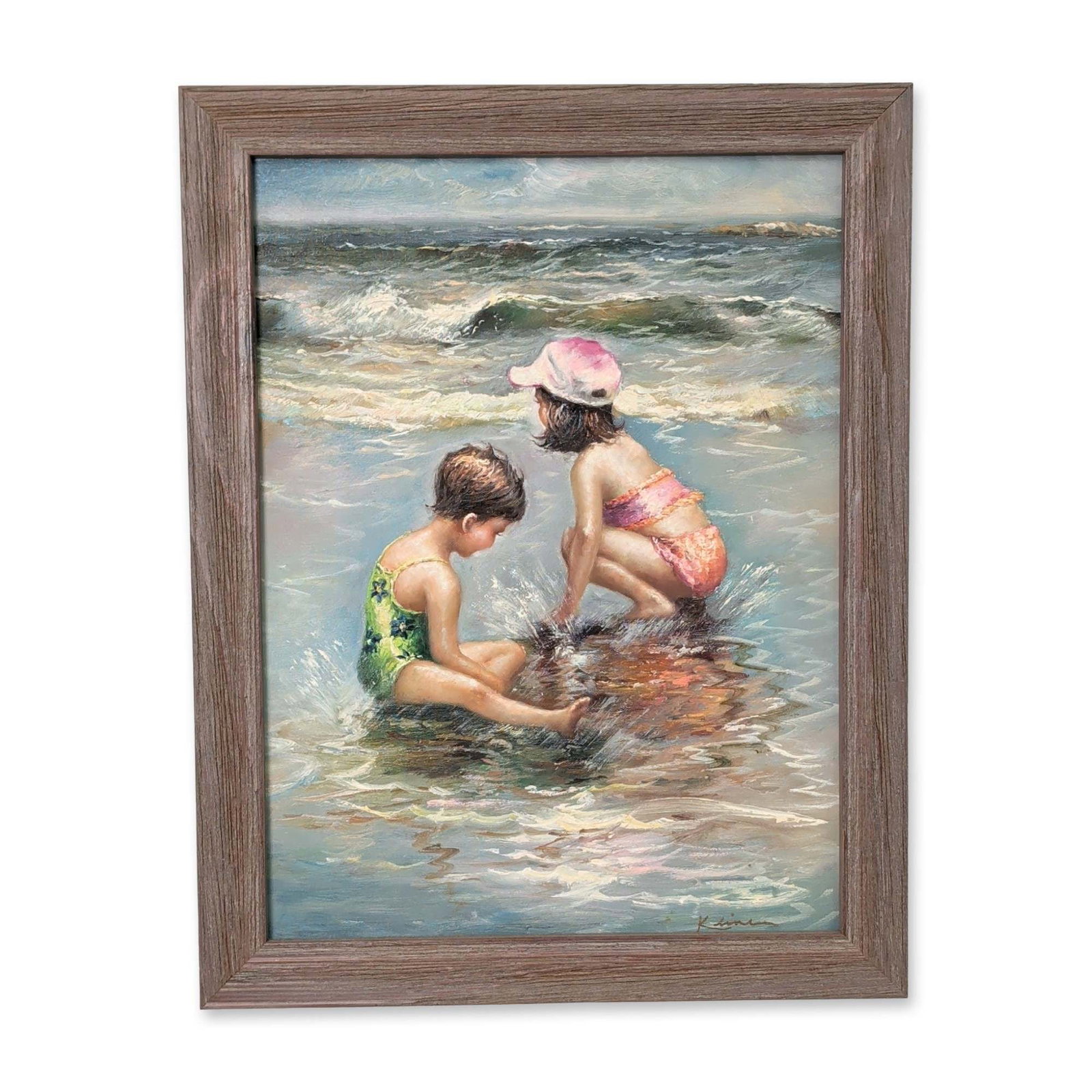 Framed Oil on Canvas, Children Playing in the Surf, Signed Kline: Figural seascape in oil on canvas, depicting two young children playing in the shallow surf of a beach. One child wears a pink patterned swimsuit and matching sun hat, while the other sits in the wate