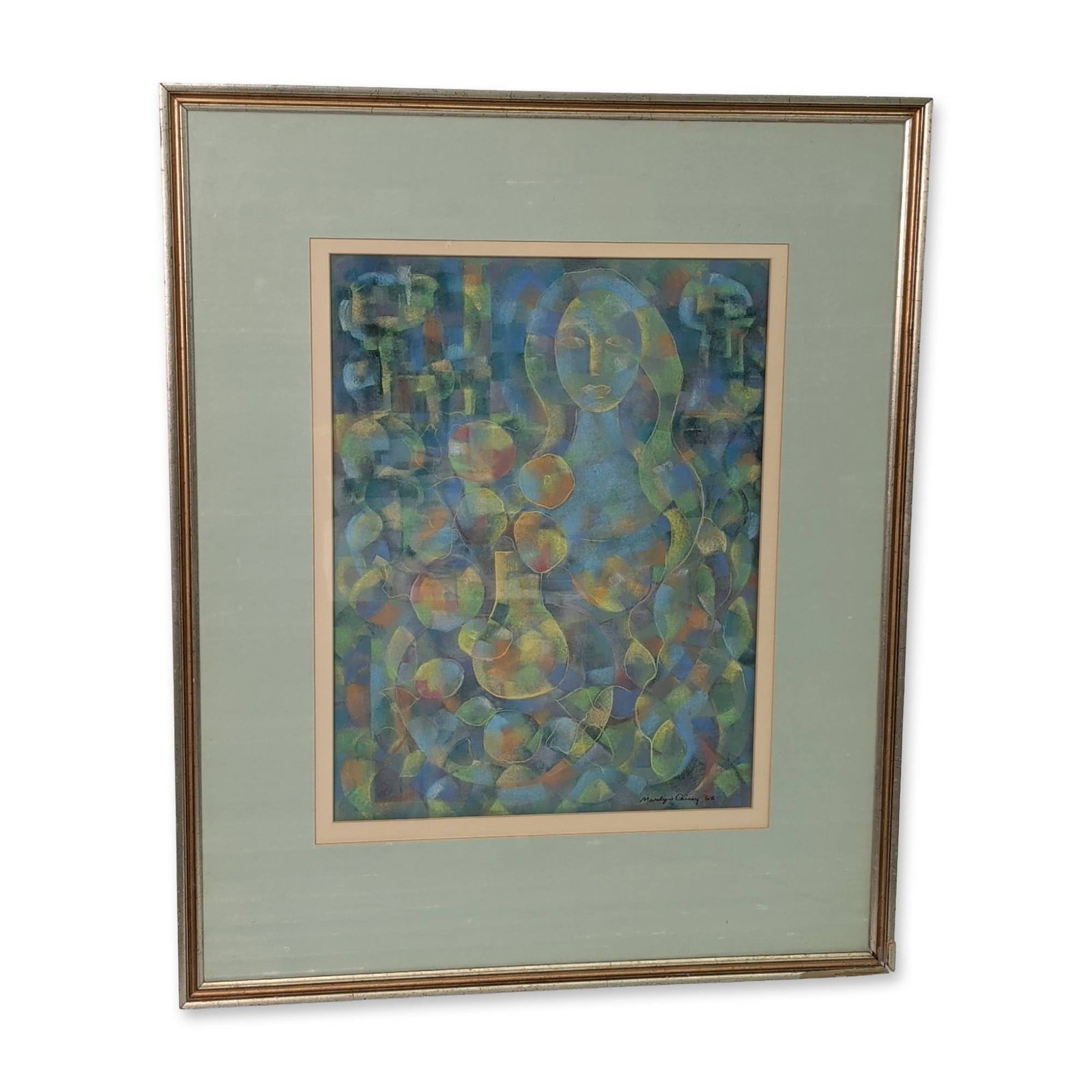 Marilyn Cassey (American 20th-21st Century) Pastel on Paper, Abstract Nude, Signed: Mid-century modern abstracted composition in pastel on textured paper by Marilyn Cassey. It features a nude woman seated by a table in an arrangement of overlapping biomorphic and geometric forms in s