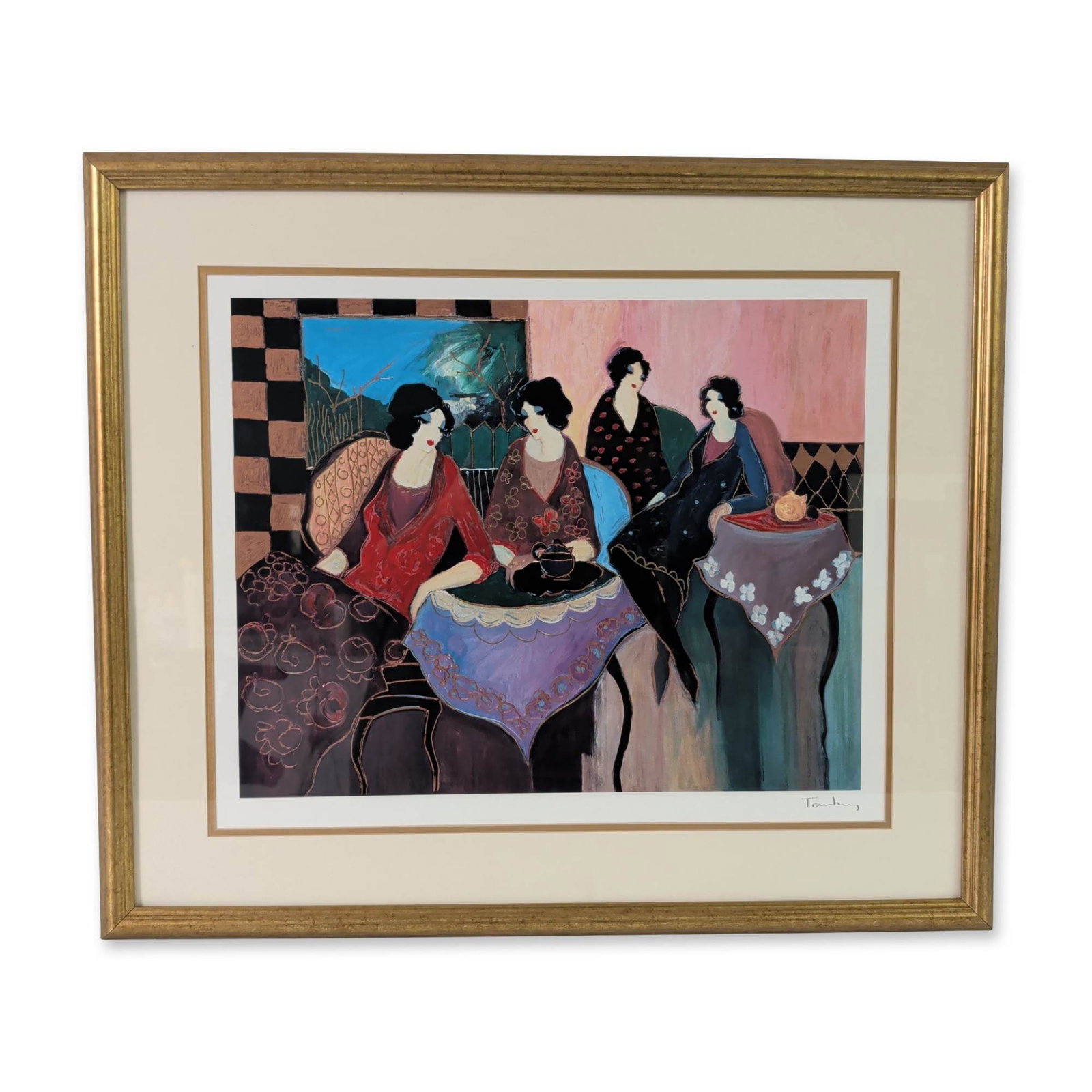 Itzchak Tarkay (Israeli, 1935-2012), Serigraph on Paper, Ladies at Tea: Itzchak Tarkay (Israeli, 1935-2012) serigraph on paper titled Ladies at Tea, depicting four women seated in a cafe setting. The composition is rendered in the artist's signature figurative style, util
