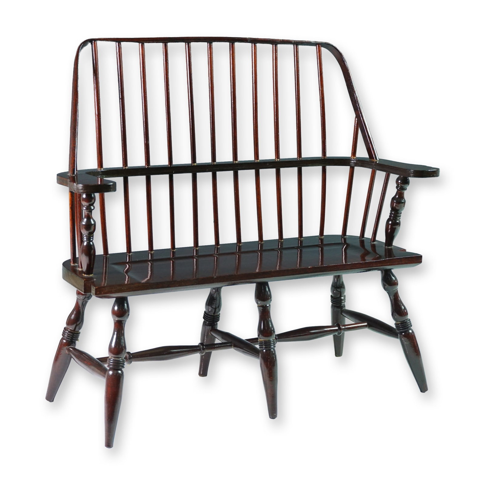 Thomas Pacconi Classics Miniature Windsor Bench: A collectible auction offering presented with emphasis on Thomas Pacconi Classics Miniature Windsor Bench. Miniature Windsor-style bench by Thomas Pacconi Classics, crafted in dark stained wood with t