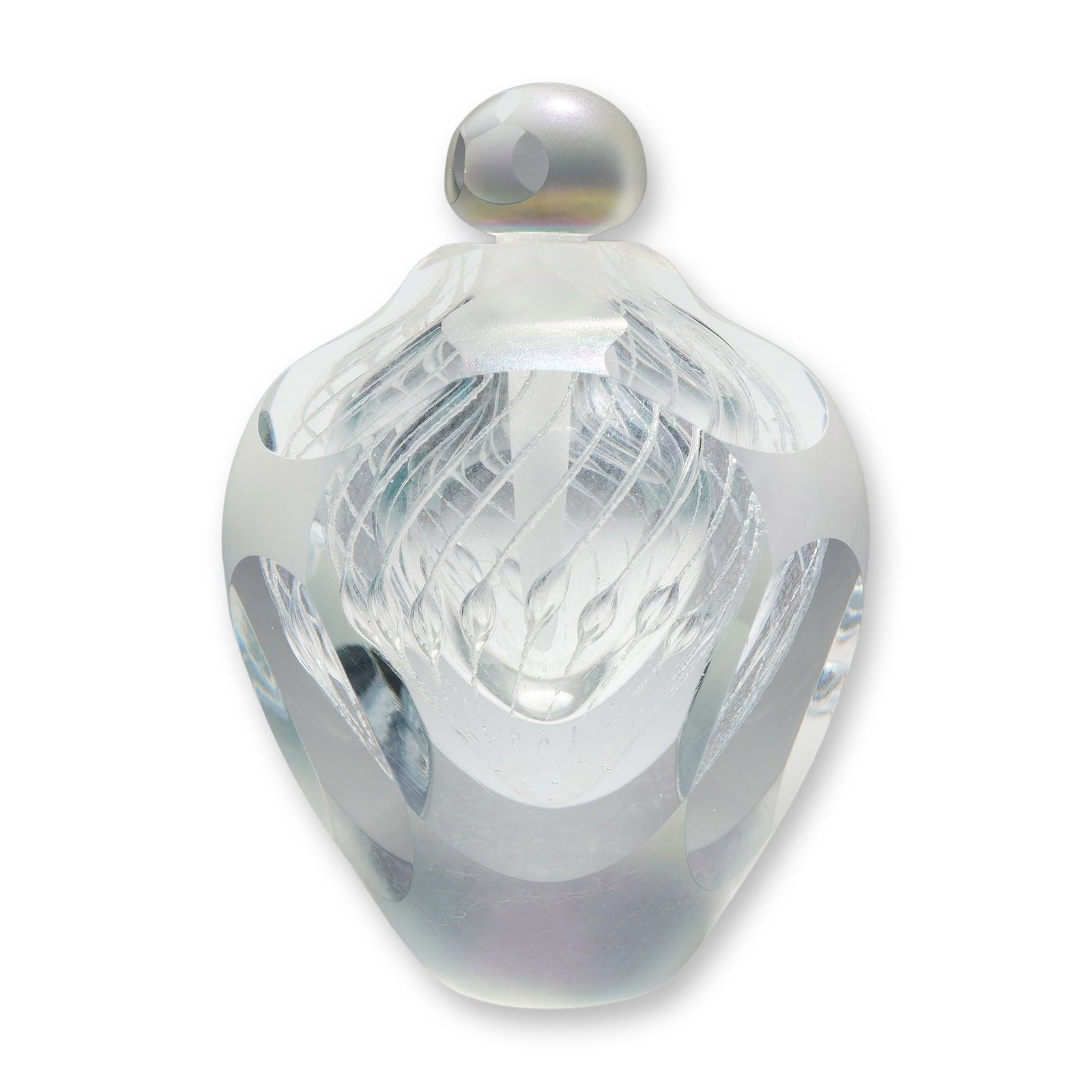 1988 Signed Art Studio Crystal Perfume Bottle with Stopper: This 1988 art studio crystal perfume bottle with a matching stopper is signed by the artist. The hand-blown clear glass vessel features internal iridescent veil-like swirls and external frosted, sandb