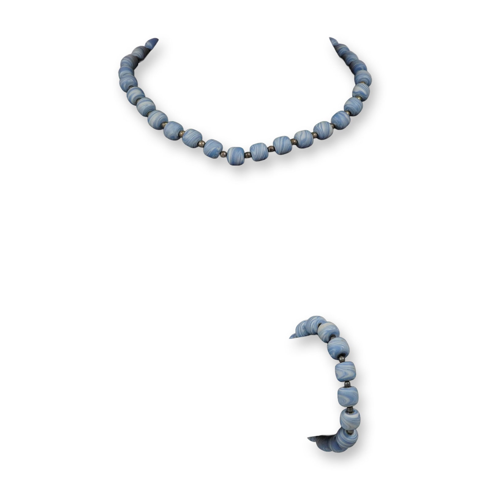 A Two-Piece Set of Marbled Blue and White Glass Bead Jewelry: This coordinating jewelry set includes a necklace and a bracelet featuring marbled blue and white glass beads with a matte finish. The necklace is composed of rounded oblate glass beads, while the bra