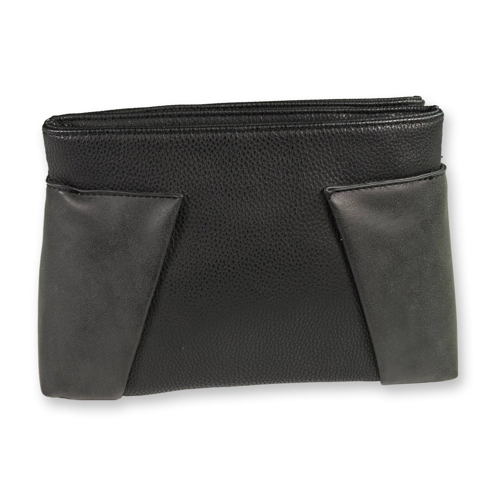 Black Faux Leather Double-Zip Clutch Bag with Striped Lining: A collectible auction offering presented with emphasis on Black Faux Leather Double-Zip Clutch Bag with Striped Lining. Chic and functional black clutch bag crafted from textured faux leather, showcas