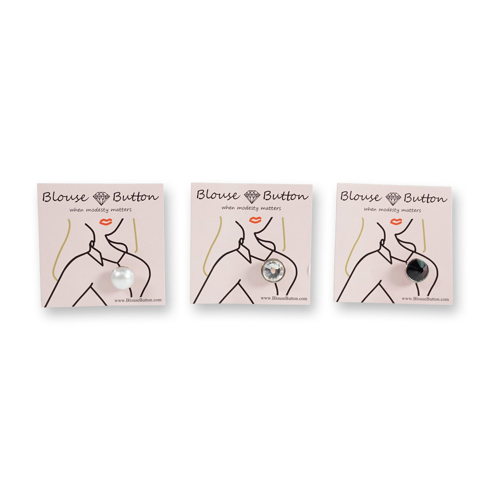 3-Piece BlouseButton Crystal, Jet Black & White Pearl Buttons: A collectible highlighting 3-Piece BlouseButton Crystal, Jet Black & White Pearl Buttons. Set of three BlouseButton decorative fasteners, designed as functional fashion accessories to help secure wrap