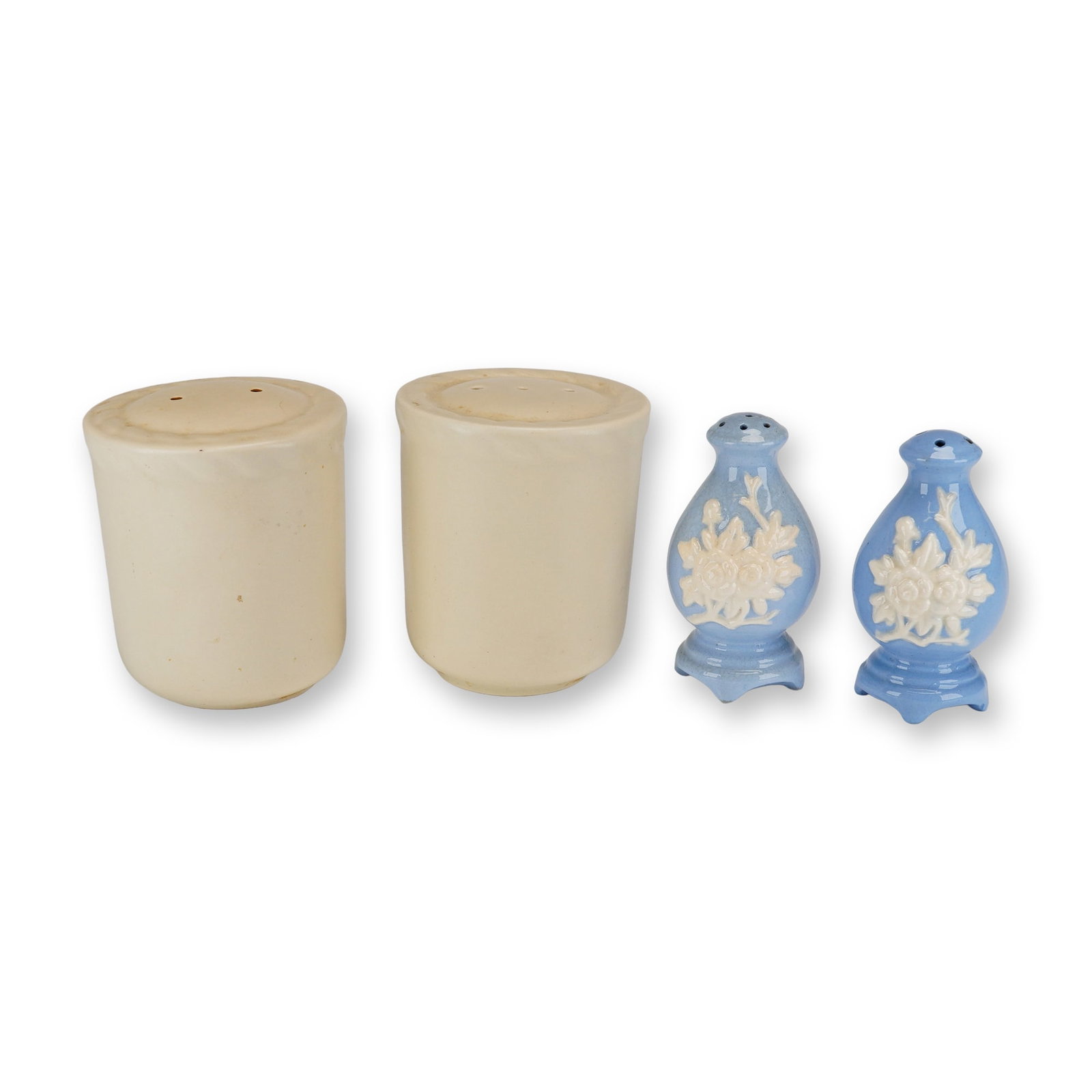4pc Collection of Japanese and Occupied Japanese Ceramic Salt and Pepper Shakers: This 4-piece collection of vintage ceramic salt and pepper shakers includes two distinct pairs. The first pair consists of cylindrical barrel-form shakers with a cream-colored glaze and slightly domed