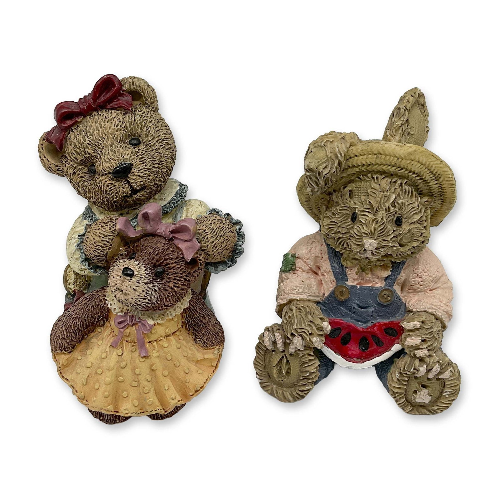 2-Piece Vintage Resin Bear Figurines by Antique Teddies: A collectible highlighting 2-Piece Vintage Resin Bear Figurines by Antique Teddies. Adorable teddies decorated with bows and hats. Antique Teddies sticker. Dimensions: 2"L x 2.5"W x 4"H Date or Era: 1