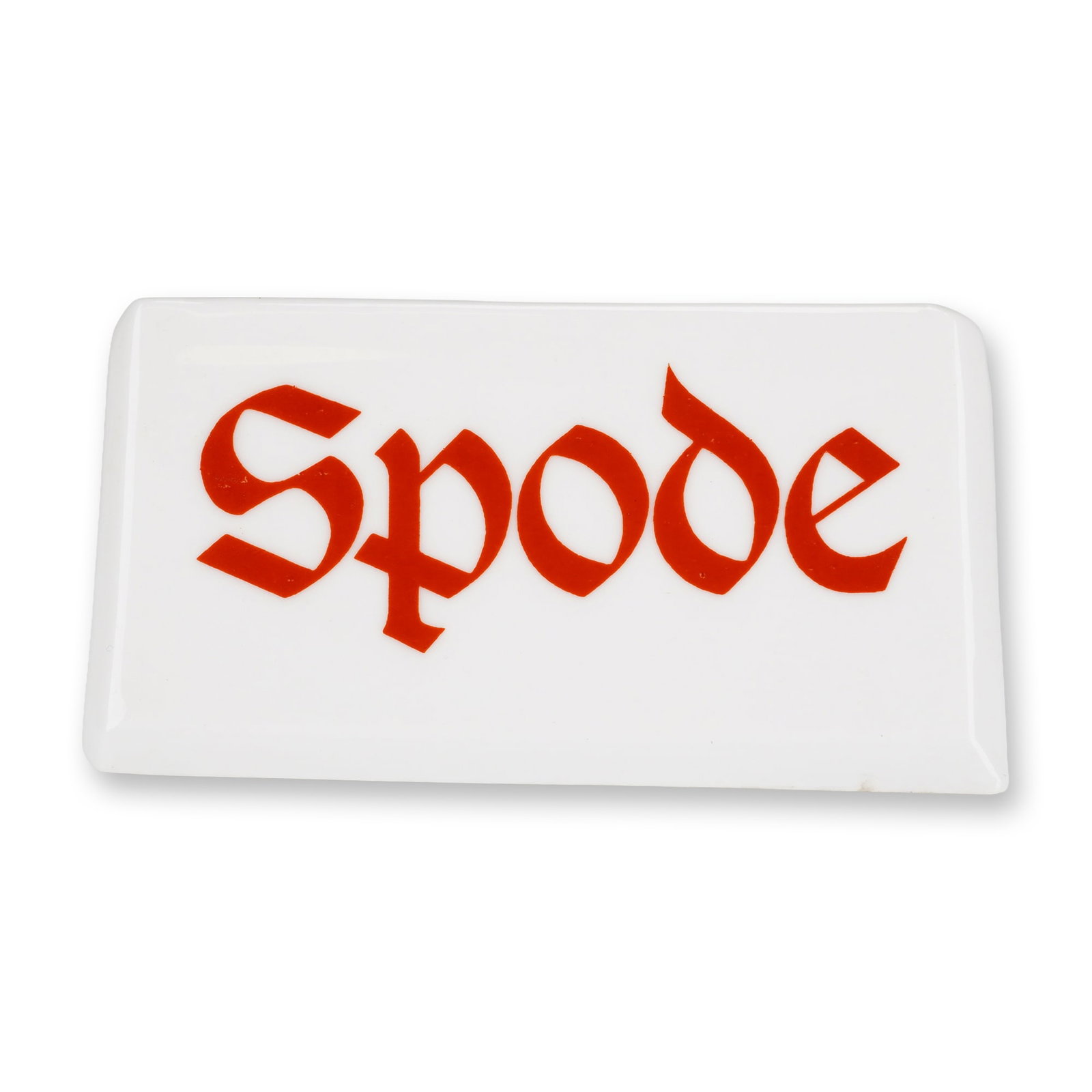 Spode Porcelain Retailer Display Sign: This is a retail point-of-sale or shelf-top advertising sign for the Spode ceramic company. The sign is made of white-glazed porcelain and is formed in a triangular tent shape designed to stand freely