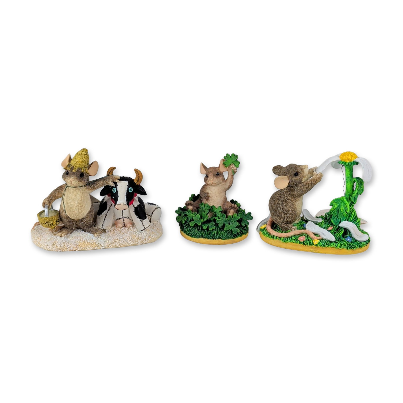 3pc Silvestri Charming Tails Mouse Figurines: Hand-painted cast resin figurines from the Charming Tails collection, designed by artist Dean Griff. The group includes the titled pieces You Love Me... You Love Me Not, depicting a mouse pulling peta