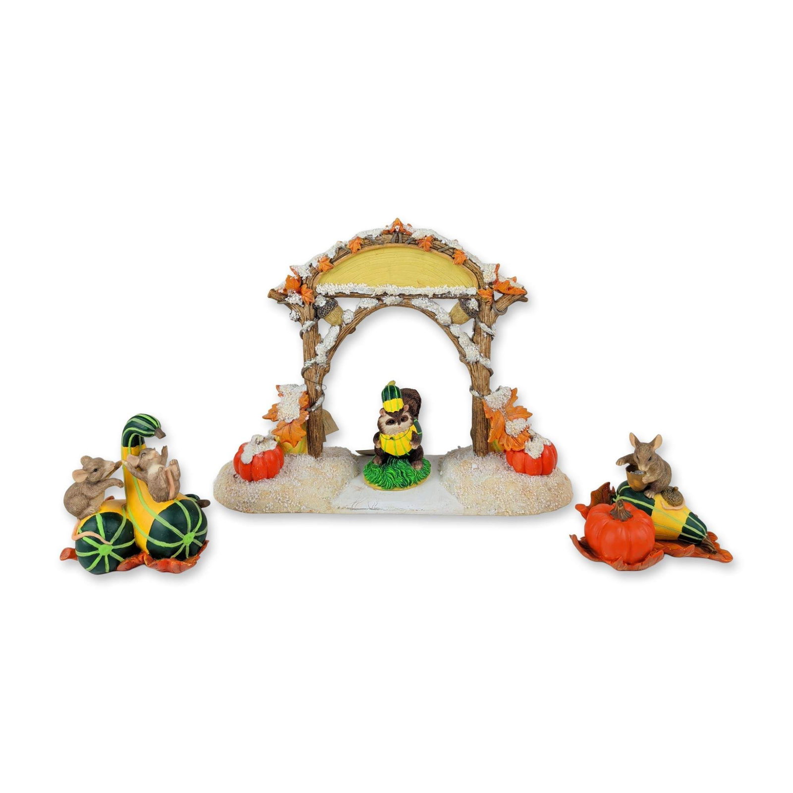 4pc Charming Tails Squashville Figurines: Set of four hand-painted cold-cast resin figurines comprising the Squashville collection. Includes a central wooden-textured entry archway featuring autumn foliage and small gourds, inscribed Squashvi