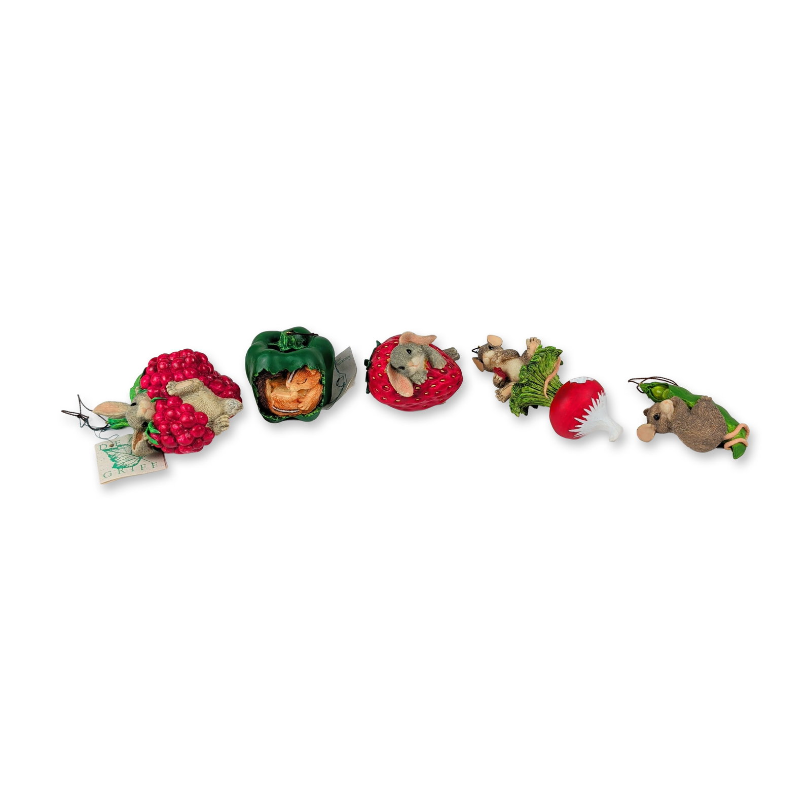5pc Charming Tails Dean Griff Resin Mouse Figurines: Each figurine features an anthropomorphic mouse in a whimsical pose with various garden produce, including a pea pod, radish, strawberry, green bell pepper, and a cluster of red berries. The collectio