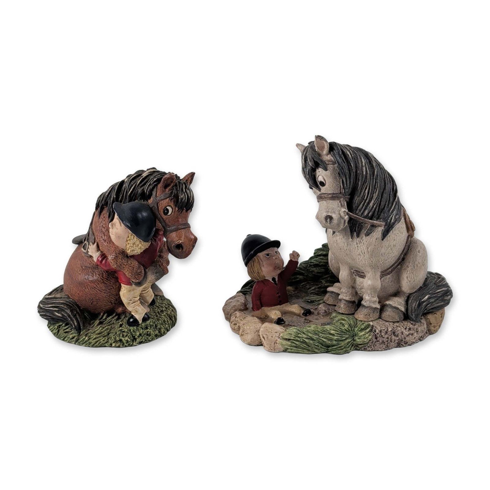 2pc John Beswick Thelwell Series Equestrian Figurines: 2pc John Beswick Studio Sculptures from the Thelwell Series, based on the comic illustrations of Norman Thelwell. The lot consists of two hand-decorated resin figurines depicting humorous equestrian m