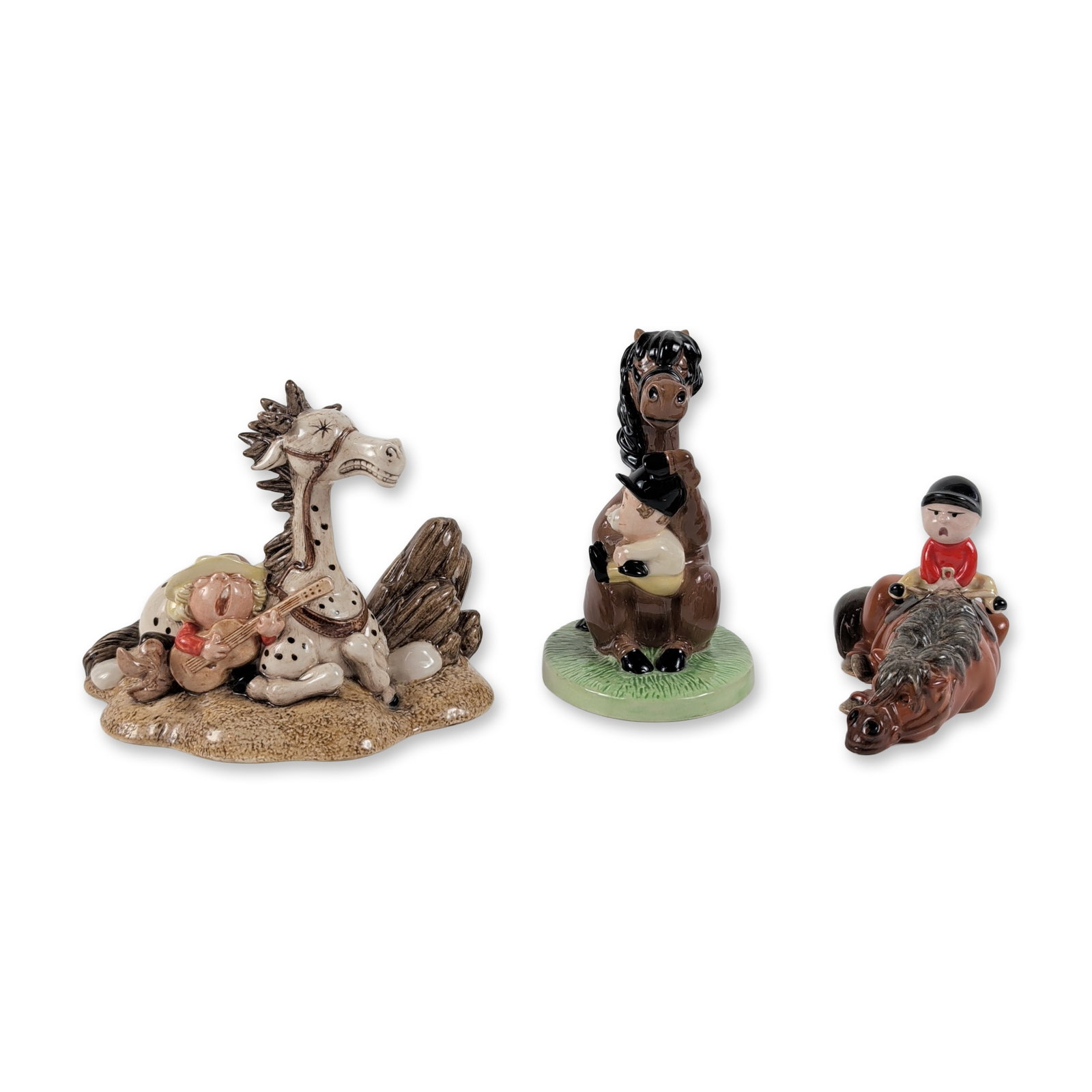 3pc Beswick and Royal Doulton Thelwell Figurines: British, late 20th and early 21st century. Group of three glazed ceramic equestrian figurines featuring characters from the cartoons of Norman Thelwell. The set consists of one John Beswick Studio Scu