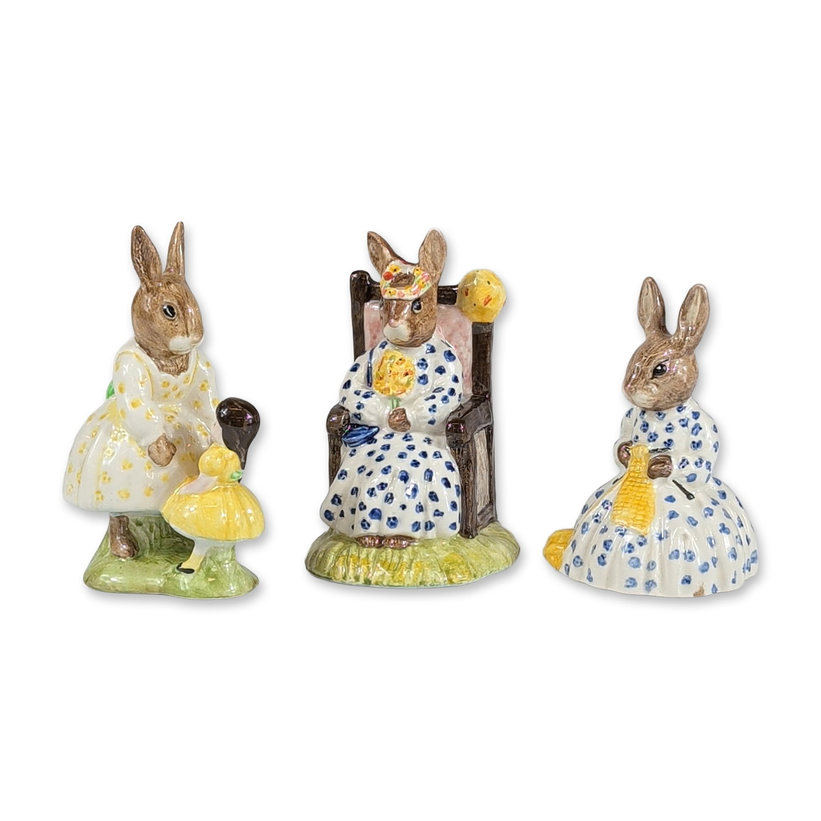 3pc Royal Doulton Bunnykins Figurines: English (Royal Doulton), late 20th century. Trio of Bunnykins figurines in glazed ceramic, comprising three distinct models: Susan Bunnykins, Susan Bunnykins as Queen of the May, and a special edition