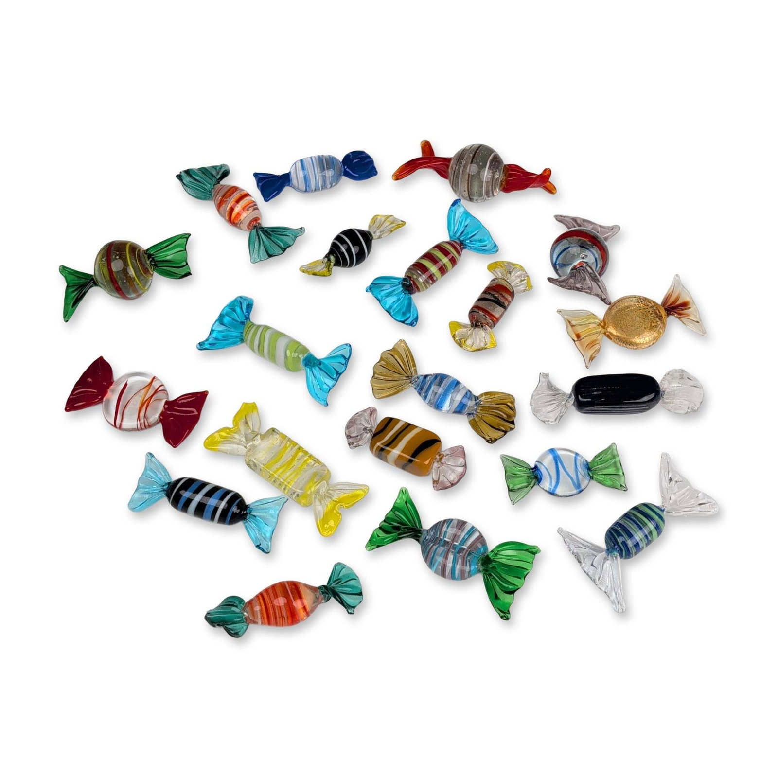 20 Piece Murano Style Art Glass Wrapped Candies: Collection of twenty decorative candies in hand-formed glass, featuring internal patterns including filigrana-style stripes, spiral ribbons, and gold aventurine inclusions. Each piece is finished with