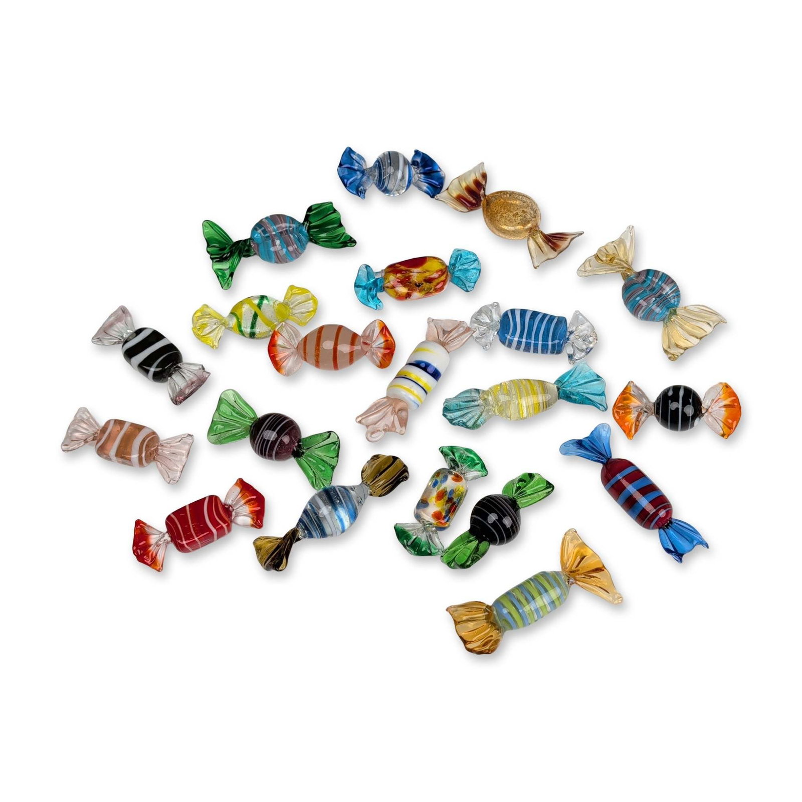 20pc Murano Style Art Glass Wrapped Candies Figurines: Collection of twenty hand-crafted decorative art glass candies in the Murano style. The assortment utilizes various traditional glass-working techniques including lampworking and blowing, featuring pa