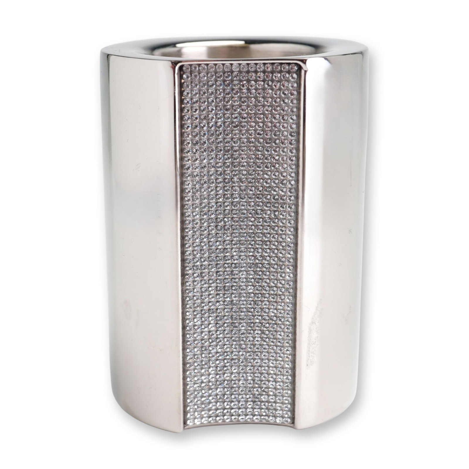 Swarovski Ambiray Stainless Steel Crystal Candle Holder: Swarovski Ambiray candle holder in polished stainless steel, featuring a recessed rectangular panel densely set with clear pave-set crystals. The underside is marked with the etched Swarovski swan log