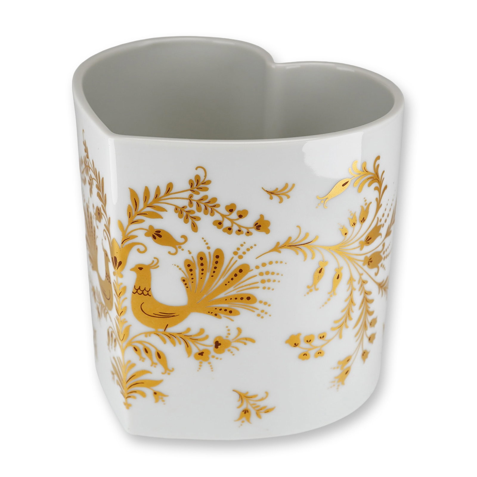 Heinrich Porzellankultur Heart-Shaped Gilt Porcelain Planter: A heart-shaped porcelain vessel manufactured by Heinrich Porzellankultur in Germany, likely intended for use as a planter or decorative display bowl. The piece is constructed of white glazed
