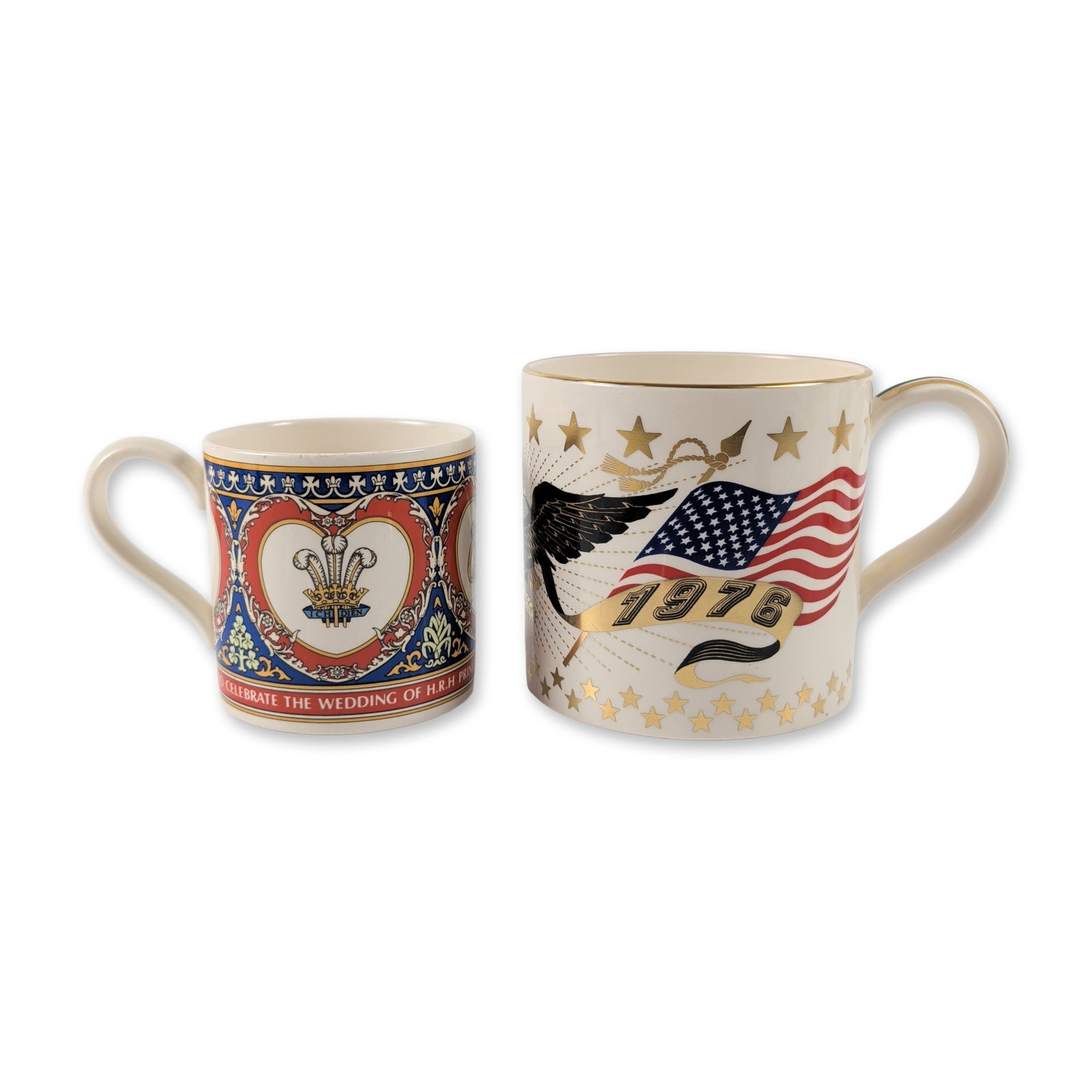 Two Wedgwood Commemorative Ceramic Mugs: Wedgwood. Two ceramic commemorative mugs produced in England. The first is an American Bicentennial mug designed by Richard Guyatt in fine bone china, featuring a double-curved handle, gilded rim, and