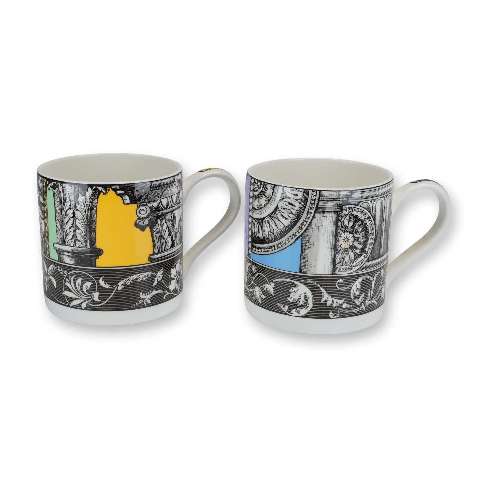 2pc Wedgwood Bone China Architectural Mugs, Green Corinthian and Blue Doric: This pair of contemporary bone china mugs was produced by Wedgwood in England in 1999. The set includes two patterns: Green Corinthian and Blue Doric. Each mug features black-and-white transfer-printe