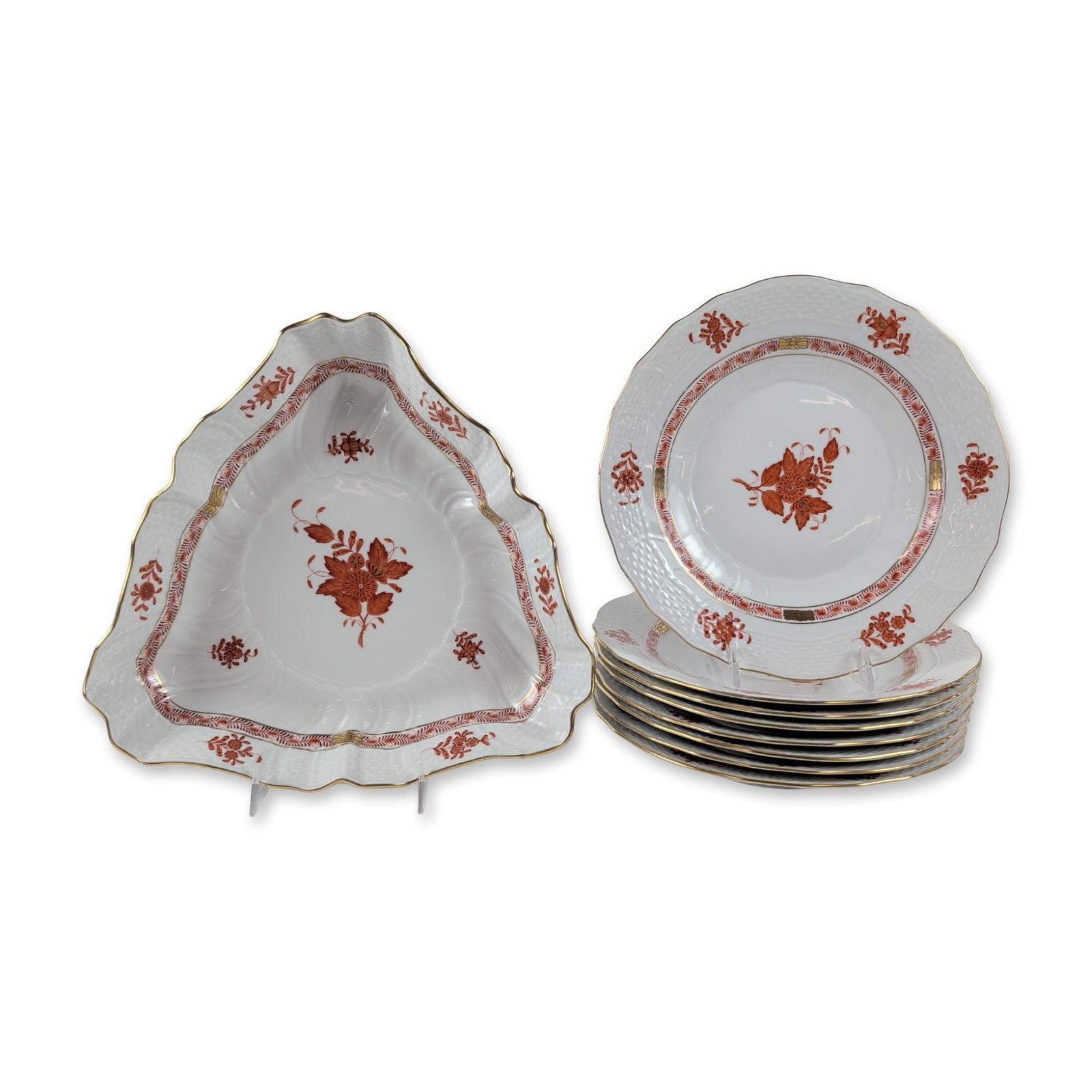 9pc Herend Chinese Bouquet Orange Porcelain Tableware: From Herend, Hungary, comes a charming set of eight hand-painted porcelain dessert plates paired with a leaf-shaped serving bowl in the Chinese Bouquet Orange (Apponyi Orange) pattern. Each piece show