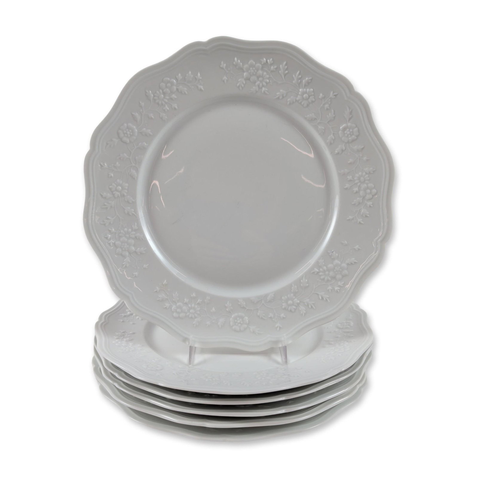 6pc Raynaud Ceralene Limoges Porcelain Hawthorn Dinner Plates: Raynaud et Cie for Ceralene. Set of dinner plates in white Limoges porcelain, featuring the Hawthorn pattern with a scalloped rim and embossed white-on-white floral and foliate vine decoration in reli