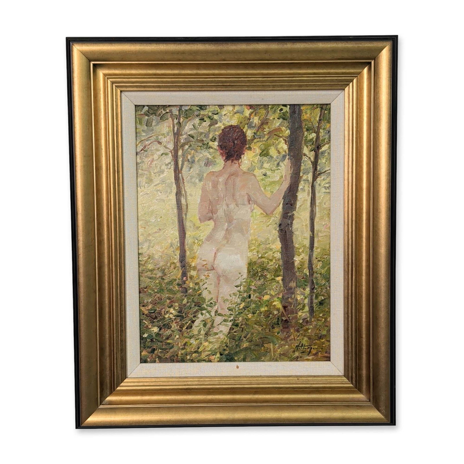 David Hettinger (American b. 1946), Oil on Canvas, Nude in a Wooded Landscape, Signed: Contemporary American Impressionist oil on canvas by David Hettinger depicting a nude female figure shown from the back, standing within a sun-dappled wooded landscape. The composition utilizes a loos